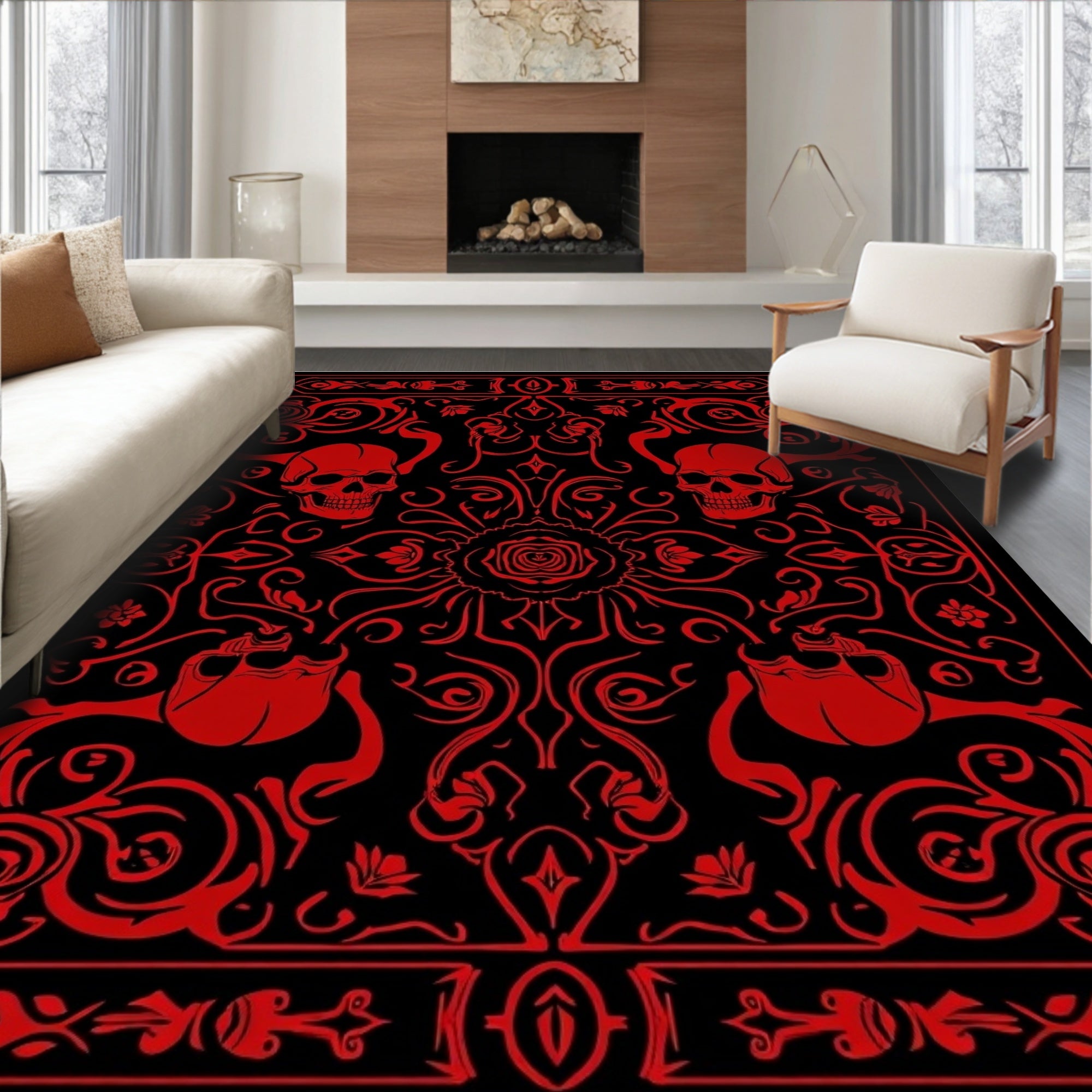 Red Skull Rose Baroque Rug