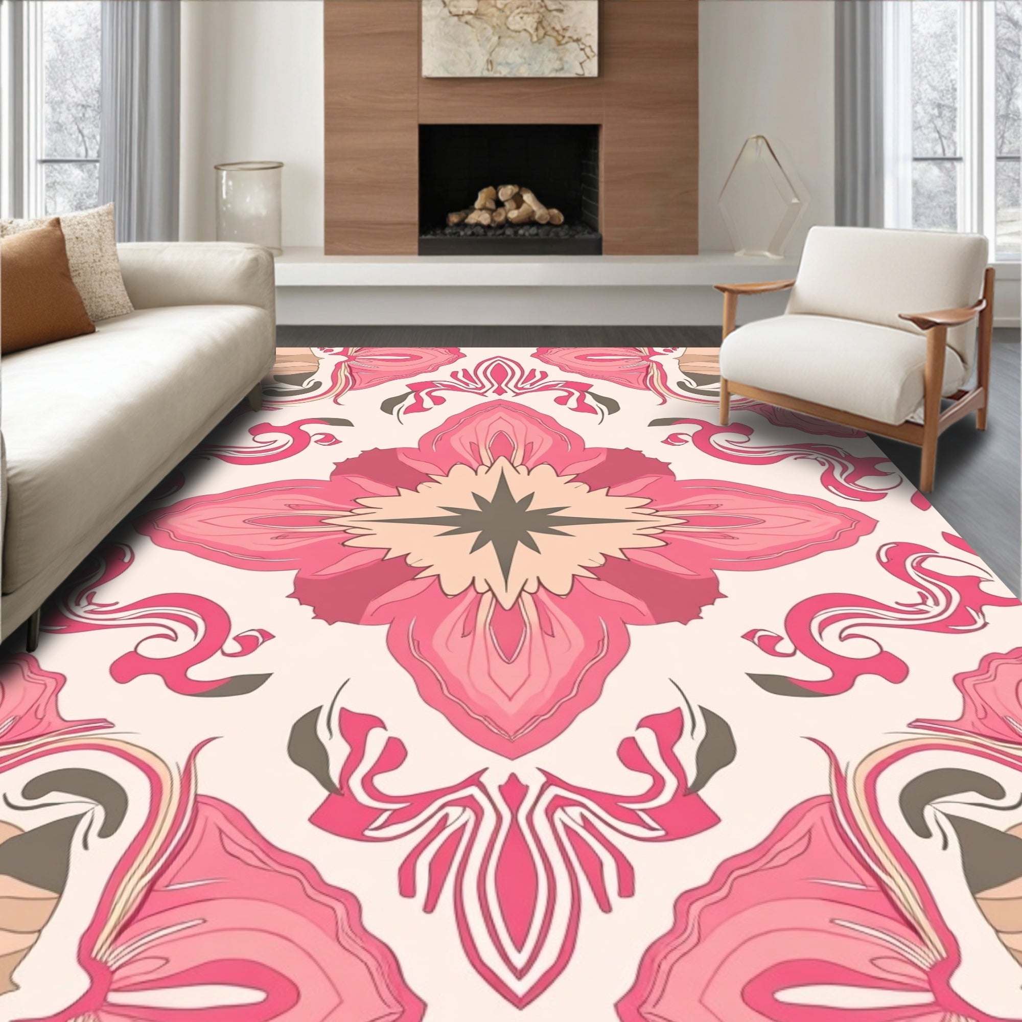 Pink Floral Inspired Symmetry Design Rug