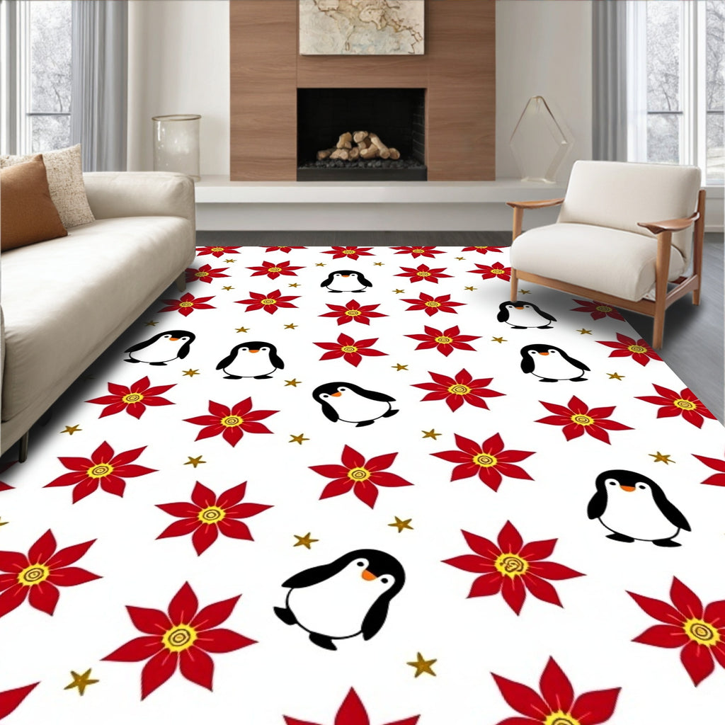 Red Poinsettia Penguin Star Medley Rug