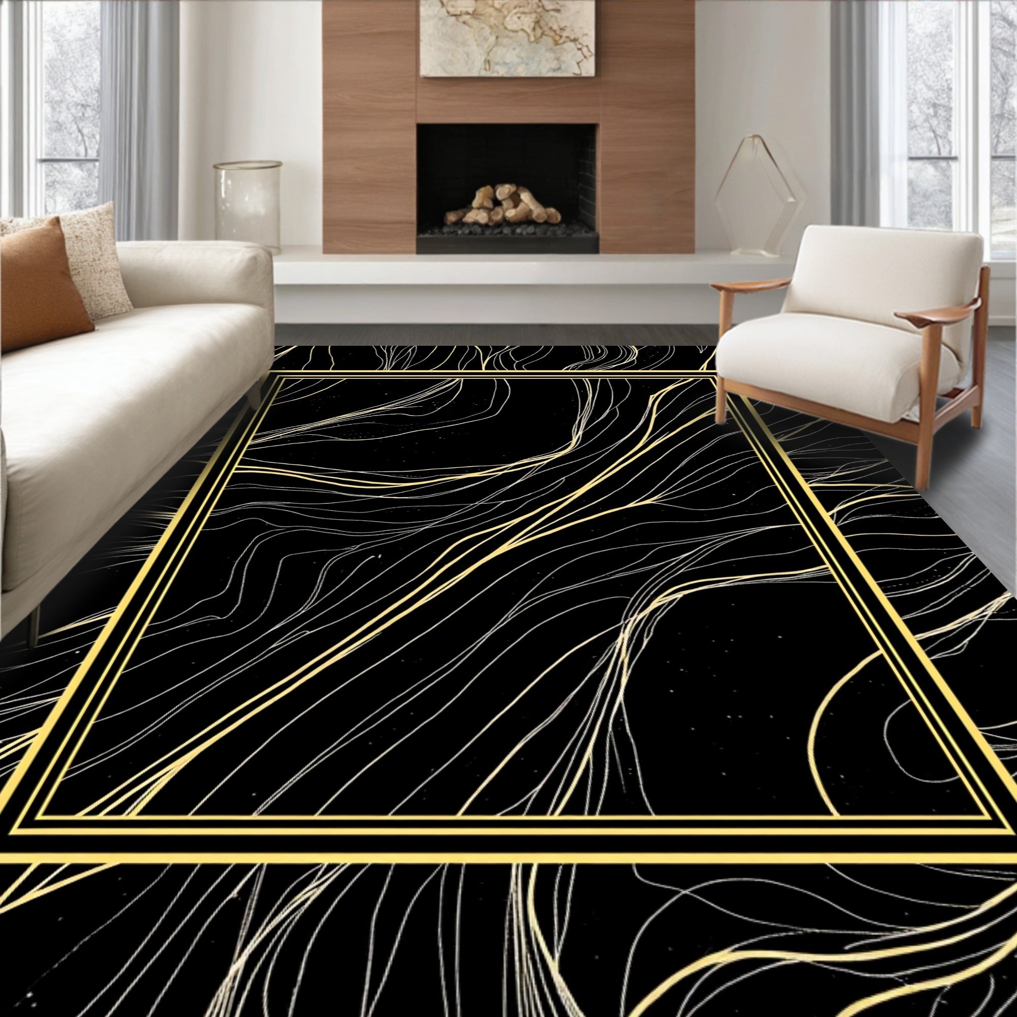 Abstract Yellow And White Swirl Rug