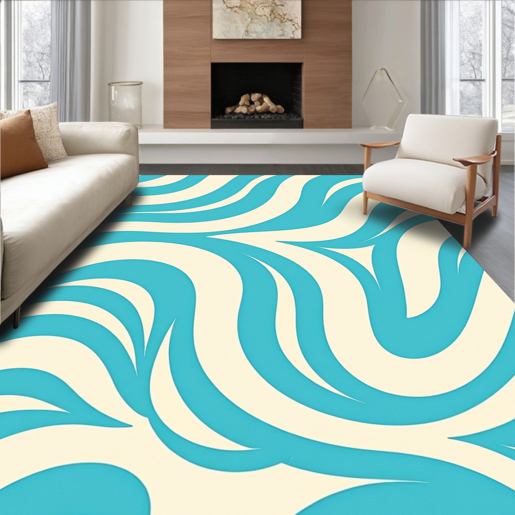 Turquoise Cream Swirling Abstract Rug