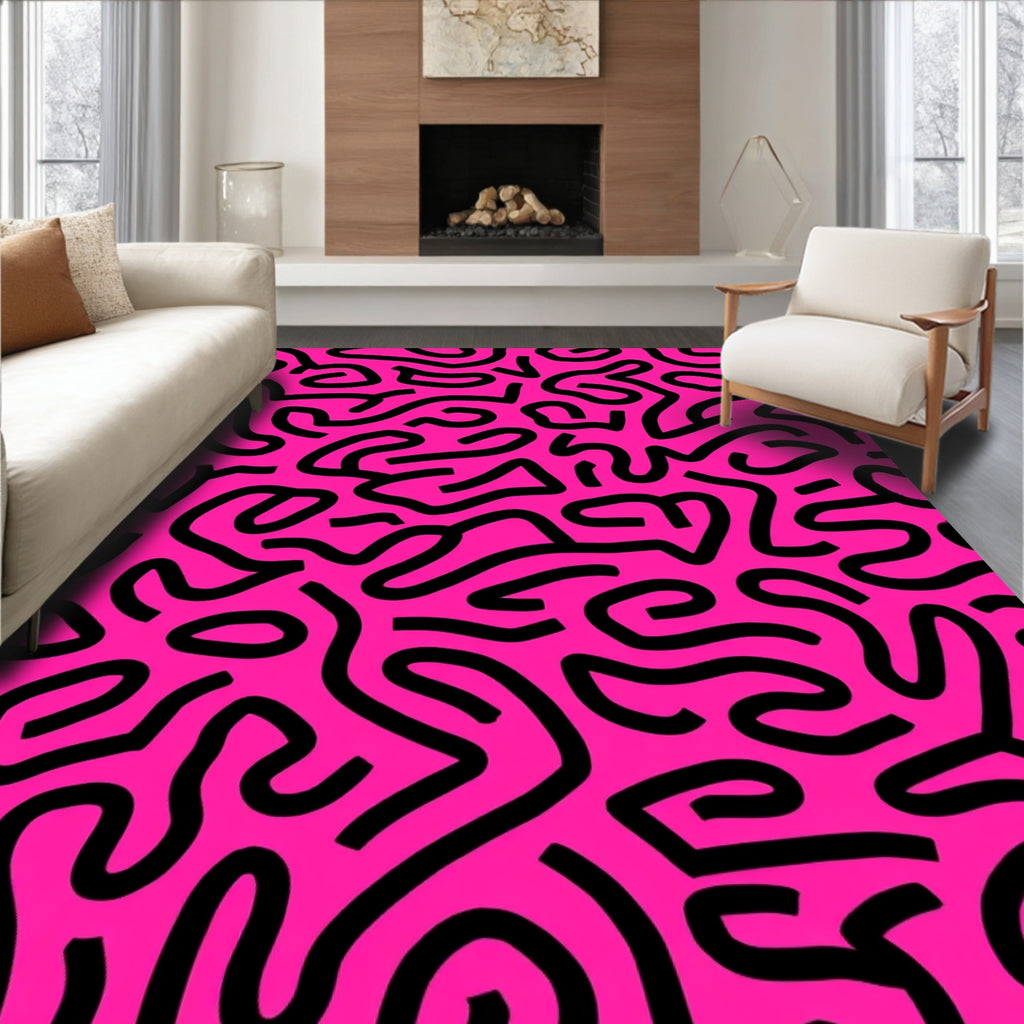 Bold Pink Black Abstract Maze Rug