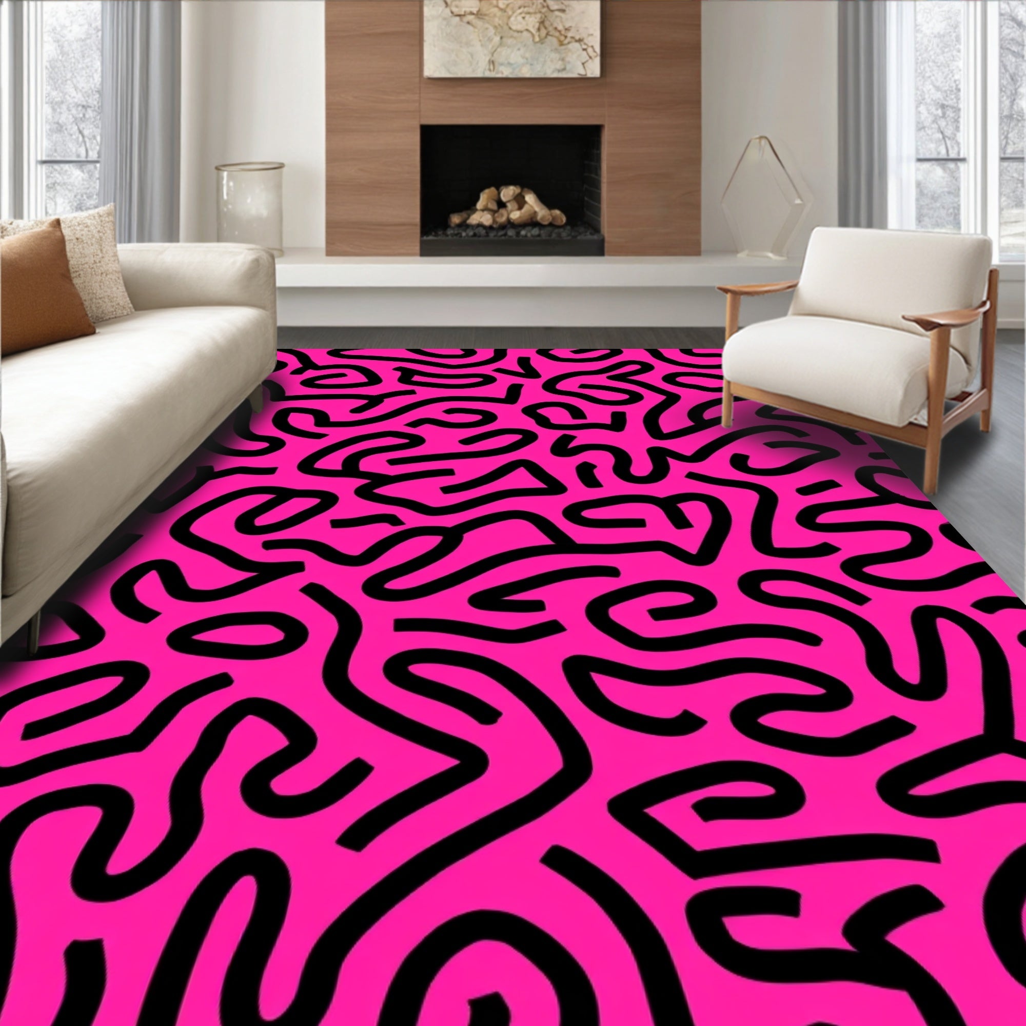 Bold Pink Black Abstract Maze Rug