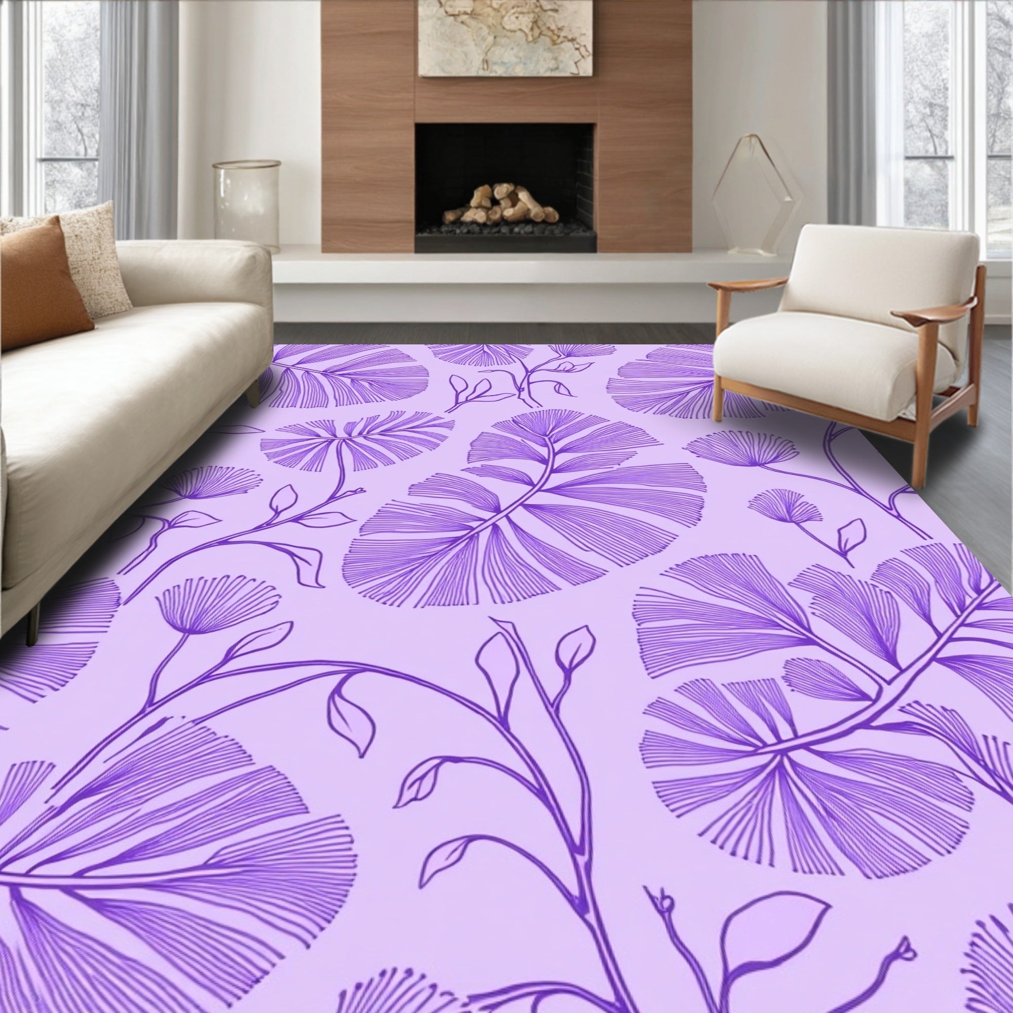 Purple Botanical Outline Pattern Rug