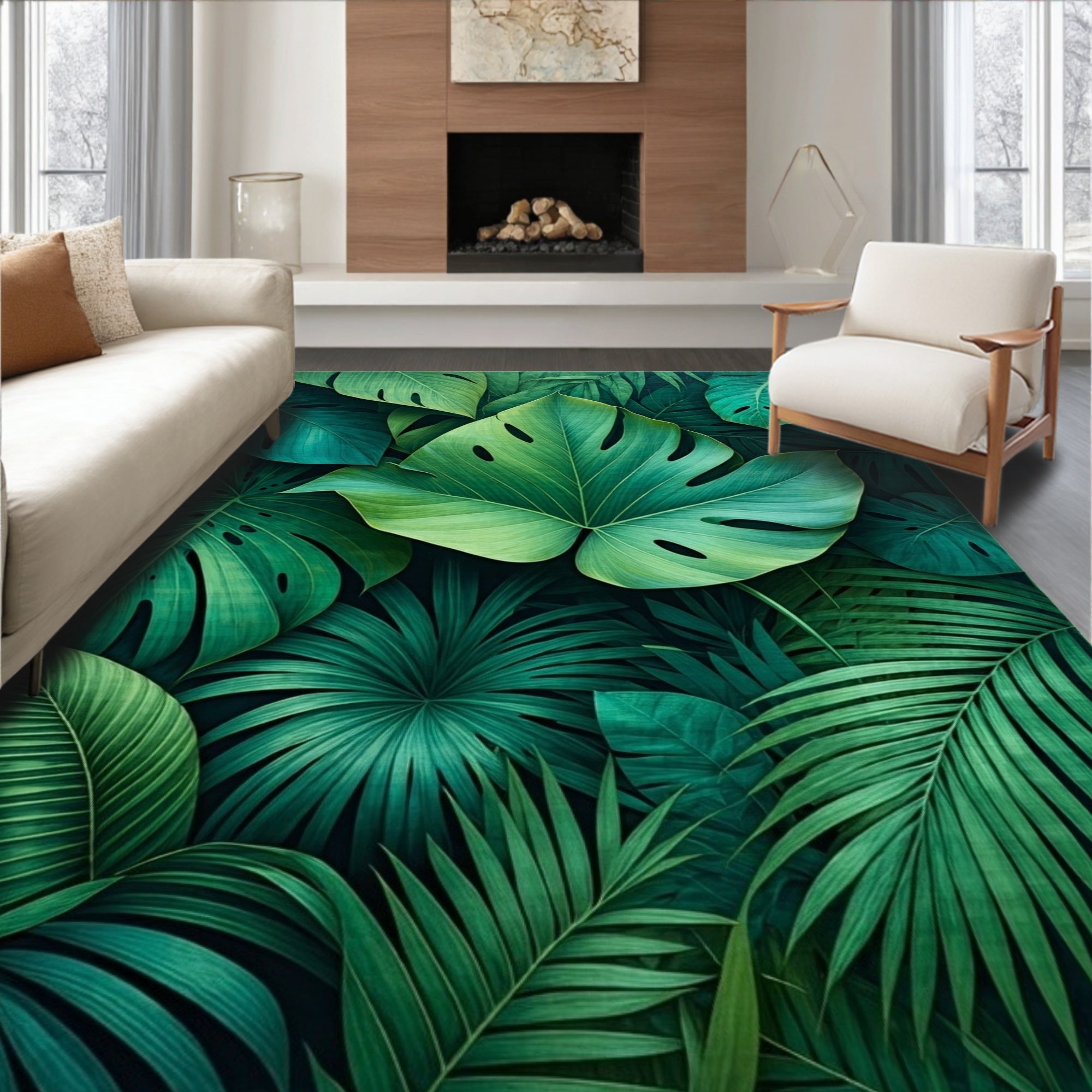 Lush Tropical Green Leaf Pattern Rug