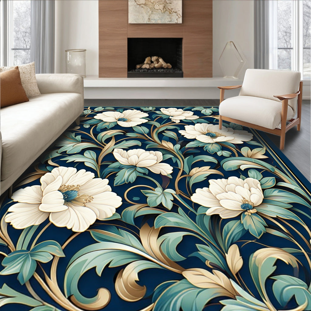 Rich Floral Art Nouveau Navy Design Rug
