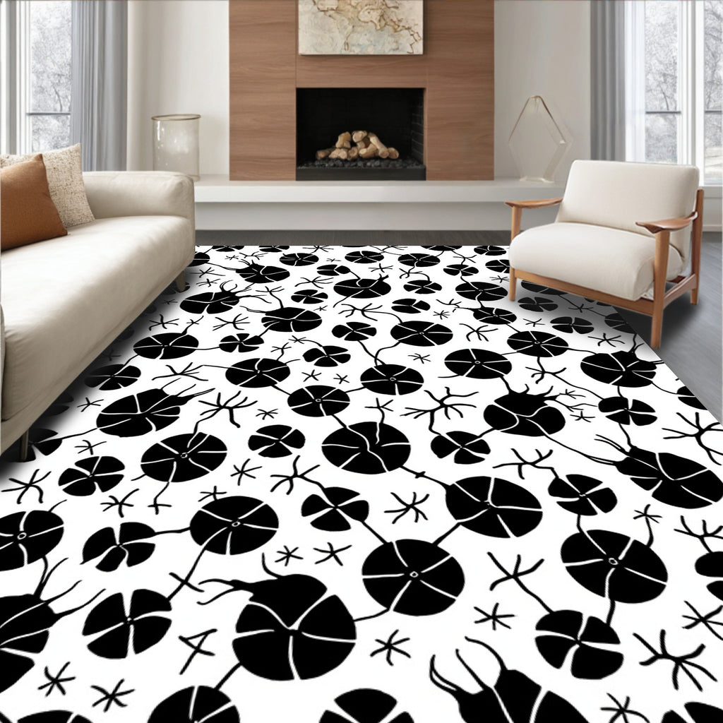 Black White Floral Patterned Rug