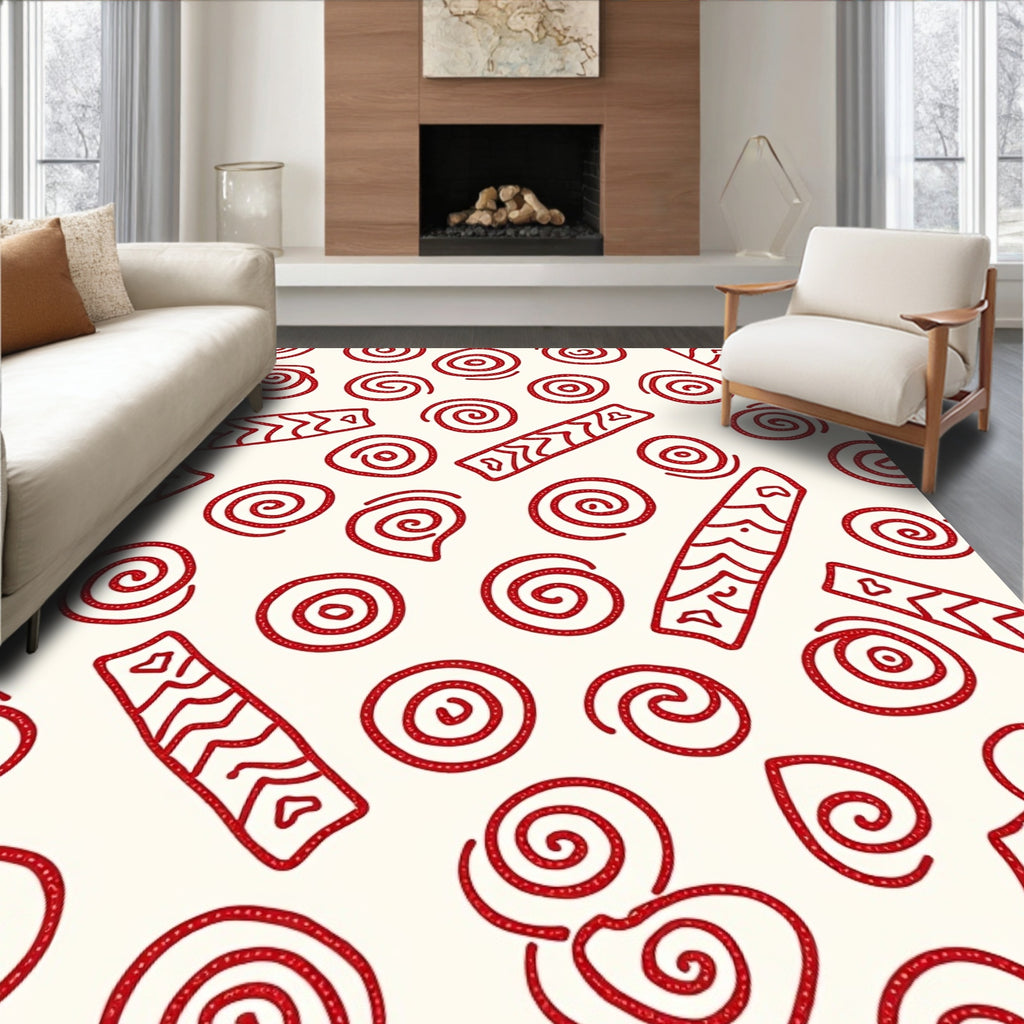Crimson Swirls and Zigzag Rectangles Rug