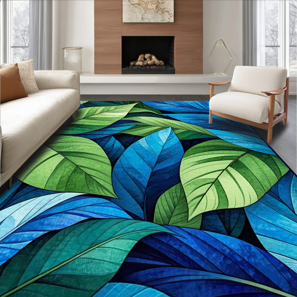 Abstract Leaf Pattern Blue-Green Design Rug