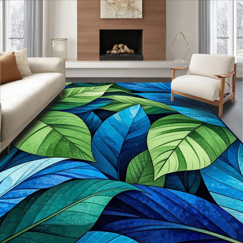 Abstract Leaf Pattern Blue-Green Design Rug