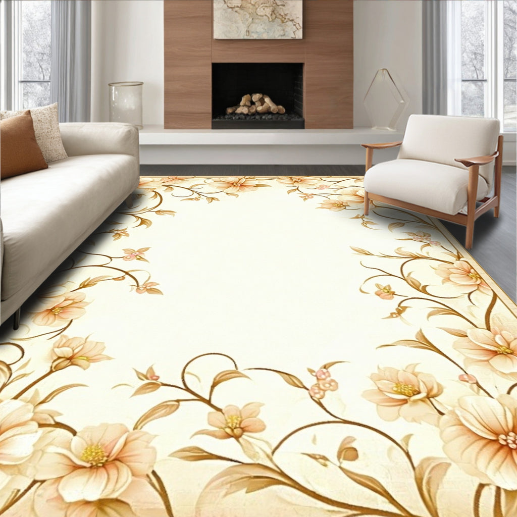 Soft Floral Vine Border Cream Rug