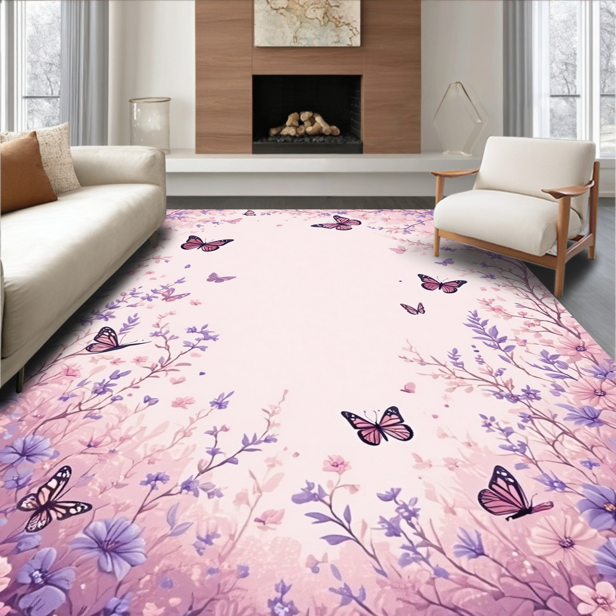 Whimsical Butterfly Floral Garden Design Rug