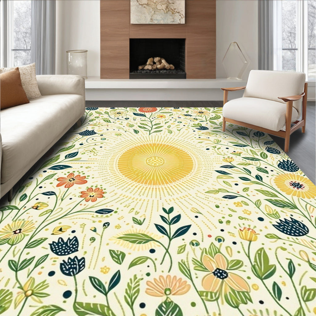 Whimsical Sun And Floral Meadow Print Rug