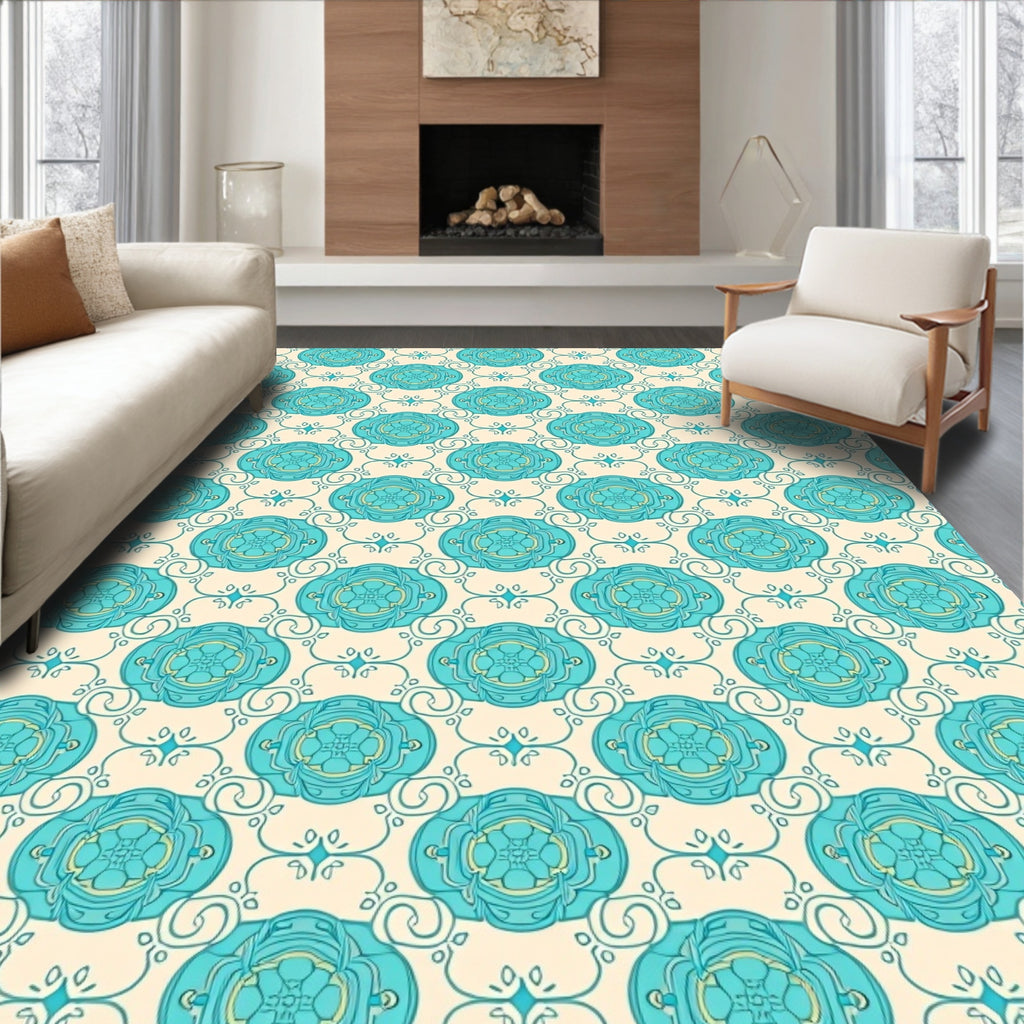 Aqua Teal Floral Oval Scroll Rug