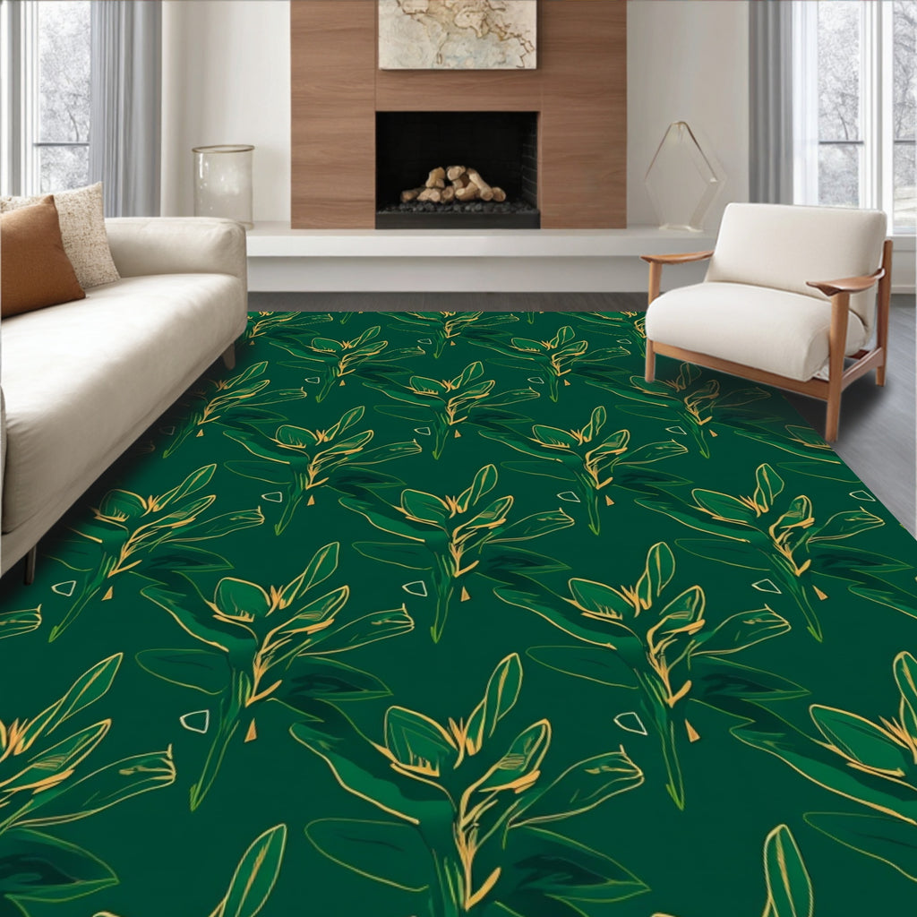 Emerald Green Abstract Leaf Pattern Rug