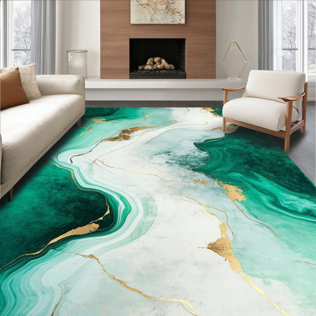 Emerald Veined Marbled Gold Design Rug