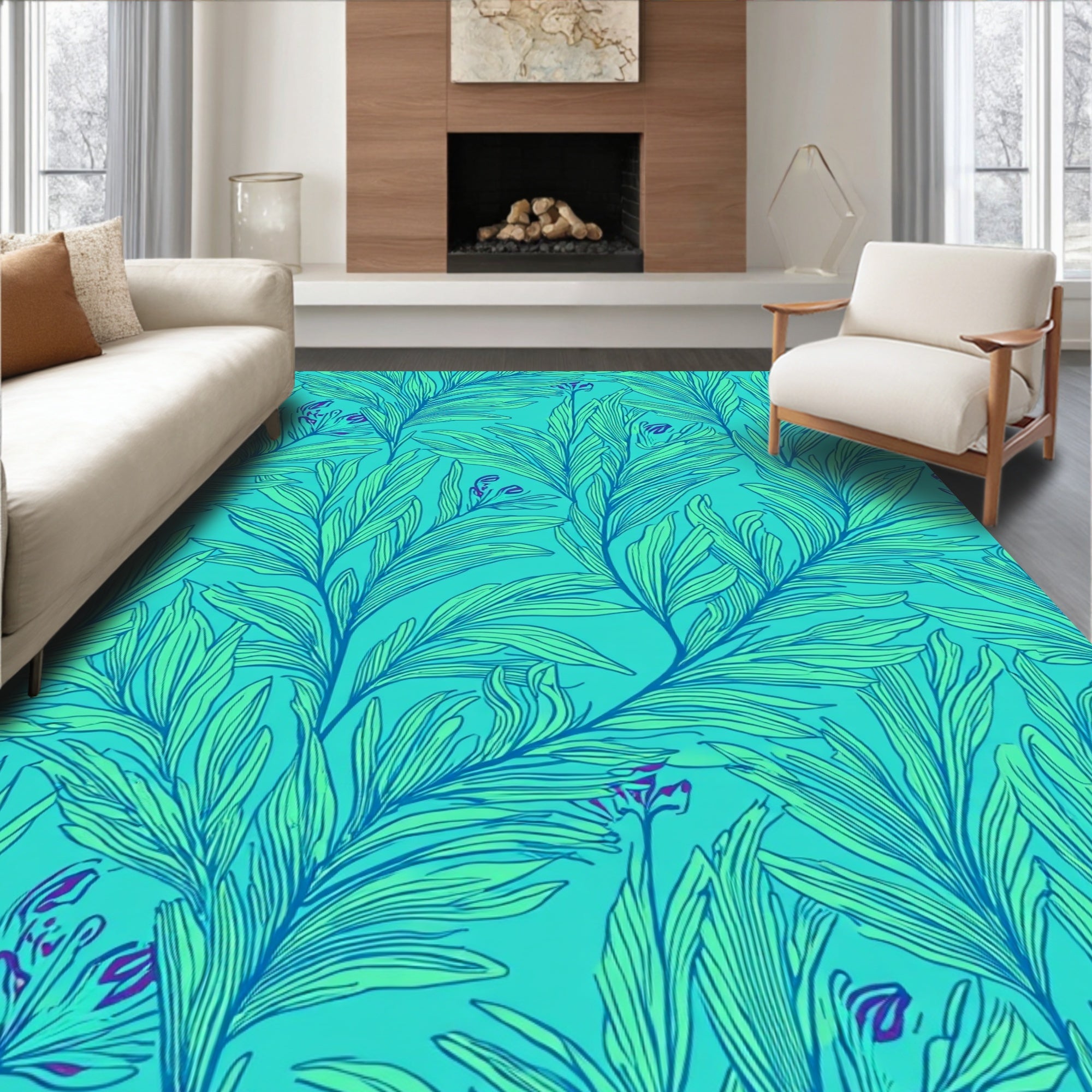 Teal Tropical Foliage Line Art Rug