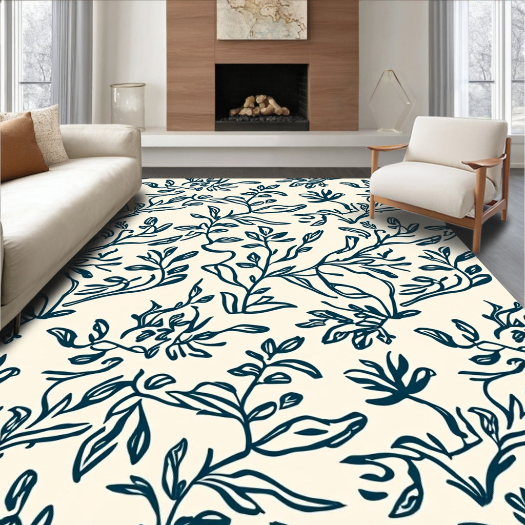 Dark Blue Leafy Vine Pattern Rug