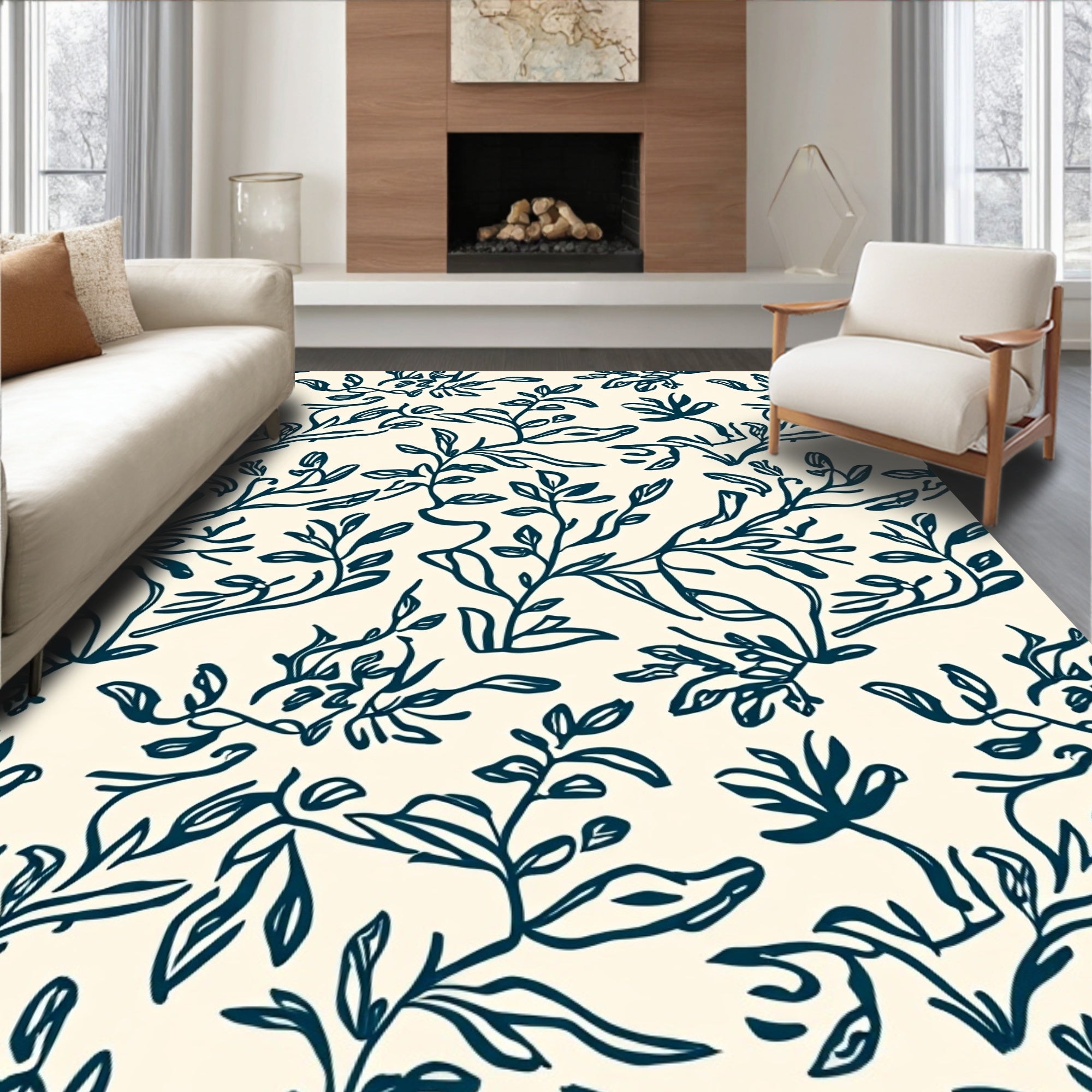 Dark Blue Leafy Vine Pattern Rug