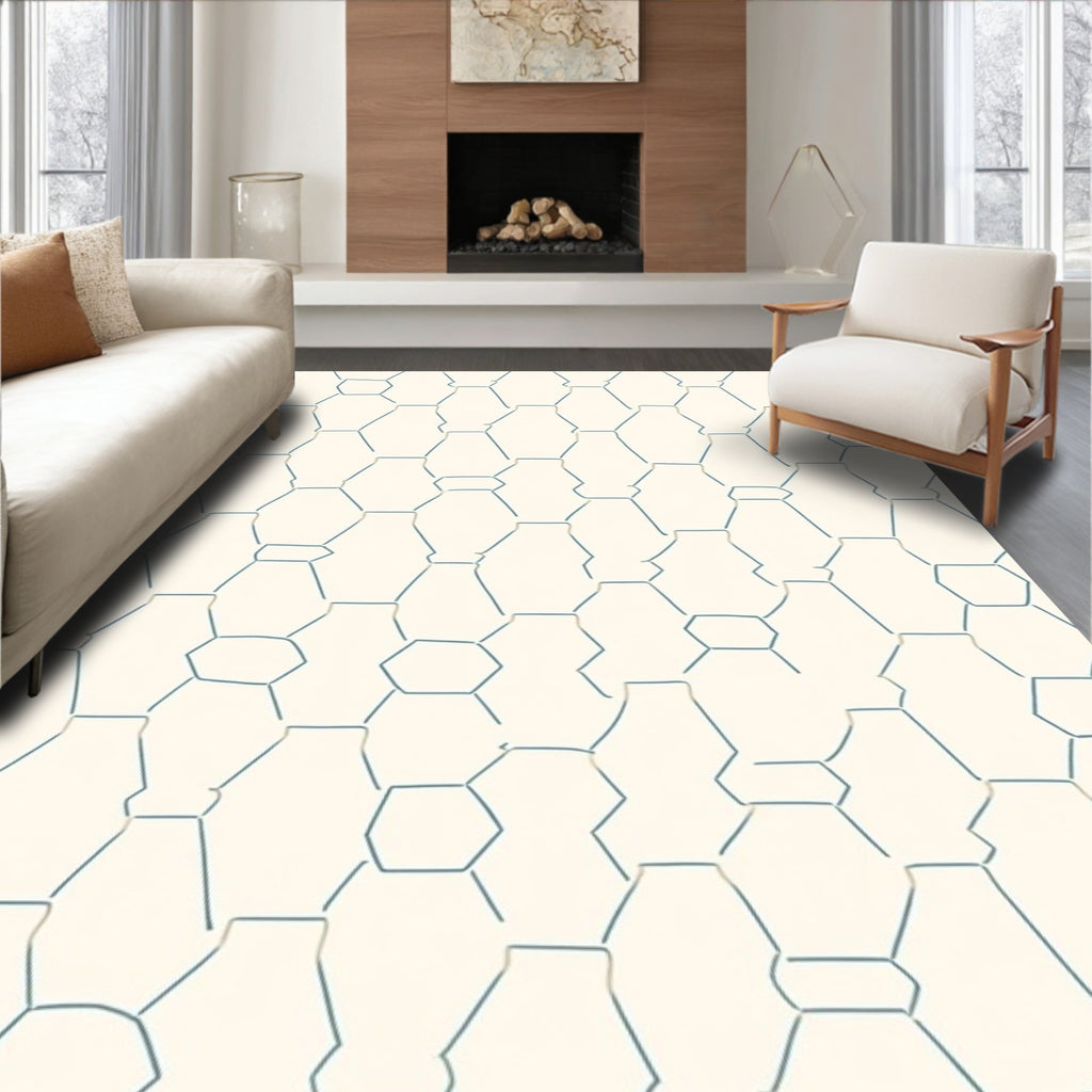 Creamy White Blue Hexagonal Lattice Rug