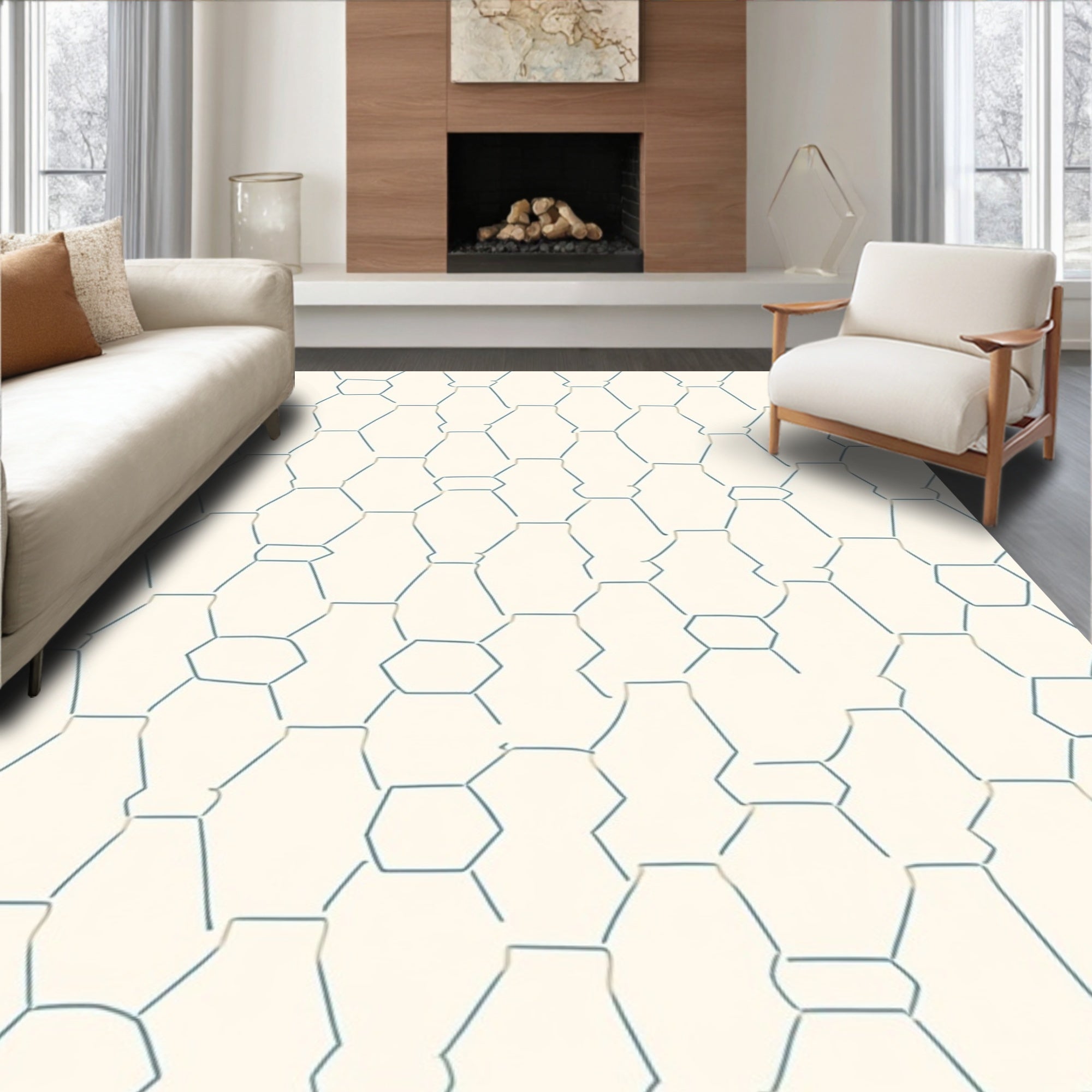 Creamy White Blue Hexagonal Lattice Rug