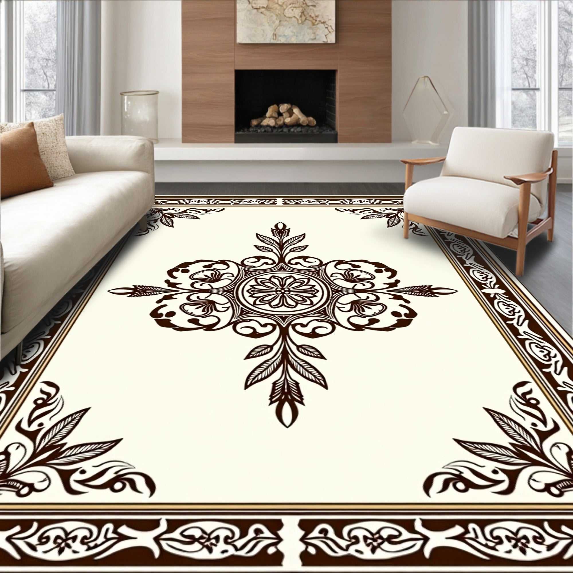 Ornate Floral Medallion Border Design Rug