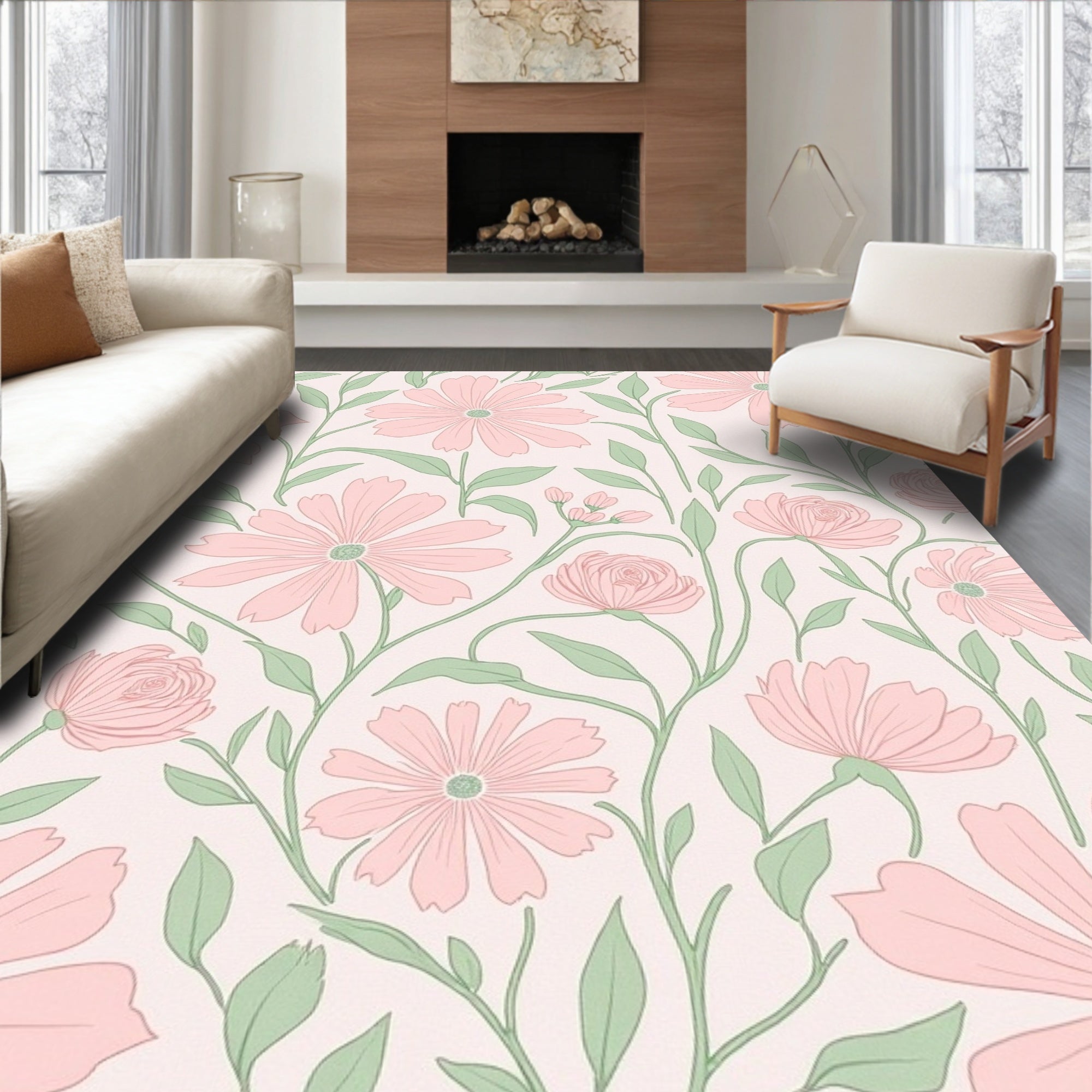 Pastel Pink Floral Garden Pattern Rug