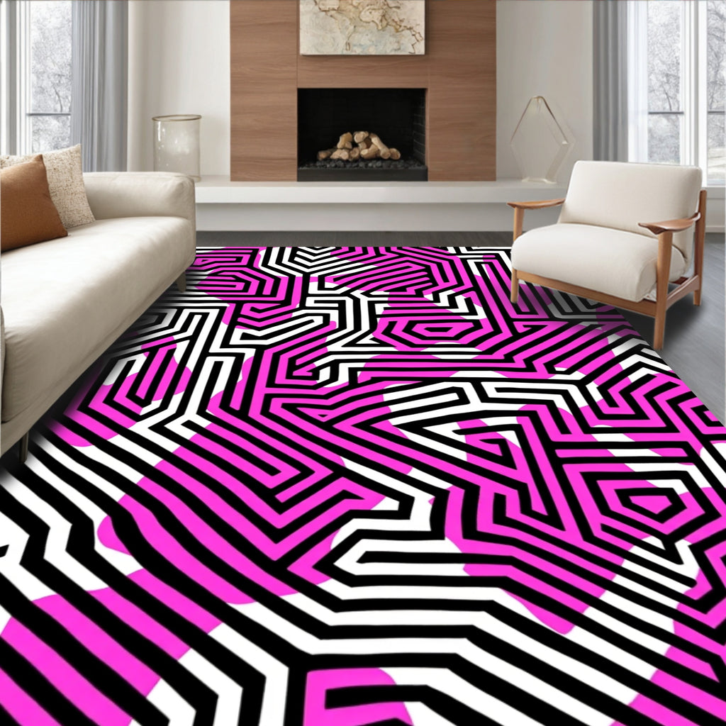 Pink Abstract Geometric Maze Pattern Rug