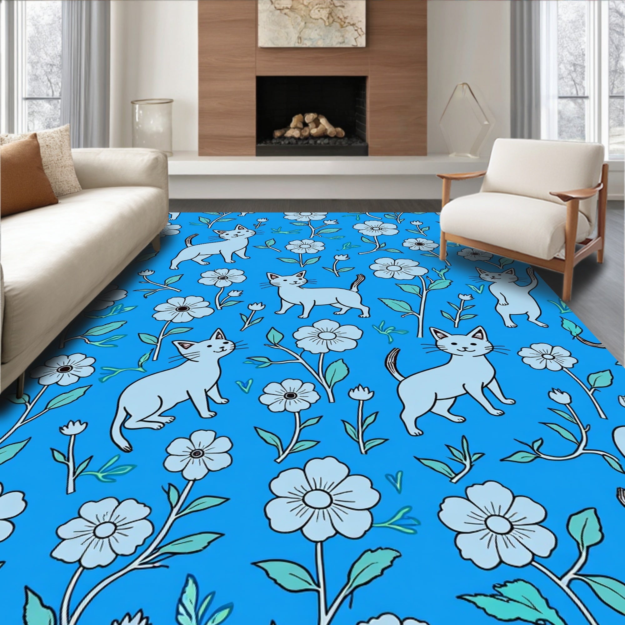 Playful Cat Flower Pattern Rug