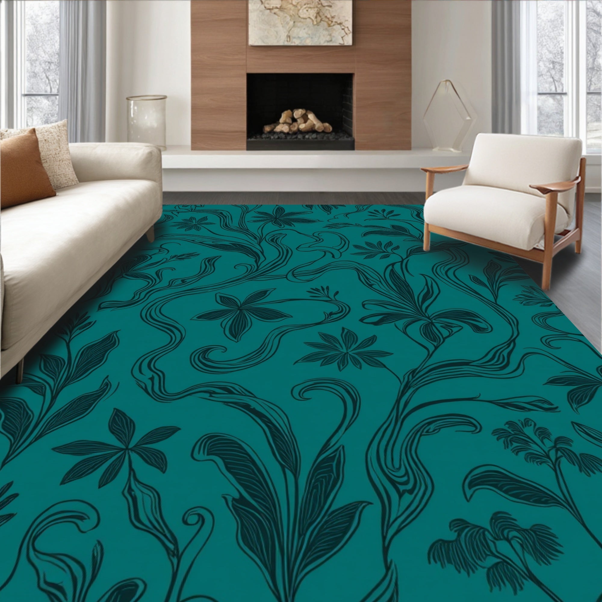 Emerald Green Abstract Floral Vine Art Rug
