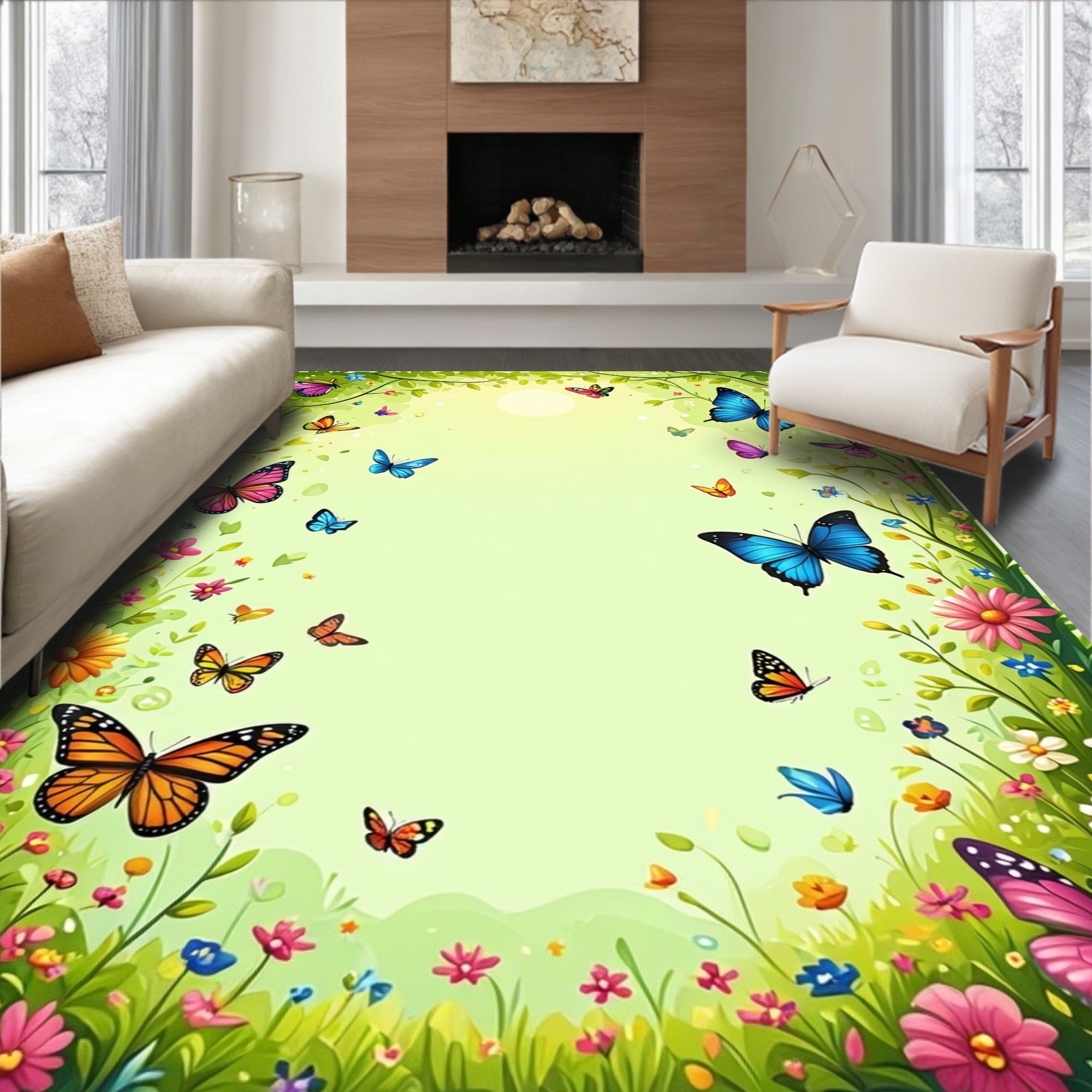 Whimsical Butterflies Floral Meadow Design Rug