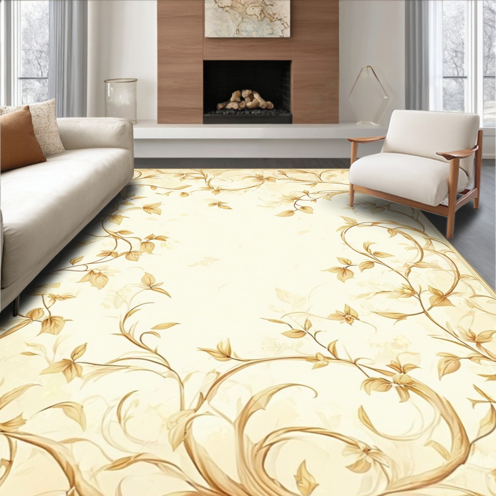 Ornate Golden Floral Vine Pattern Rug