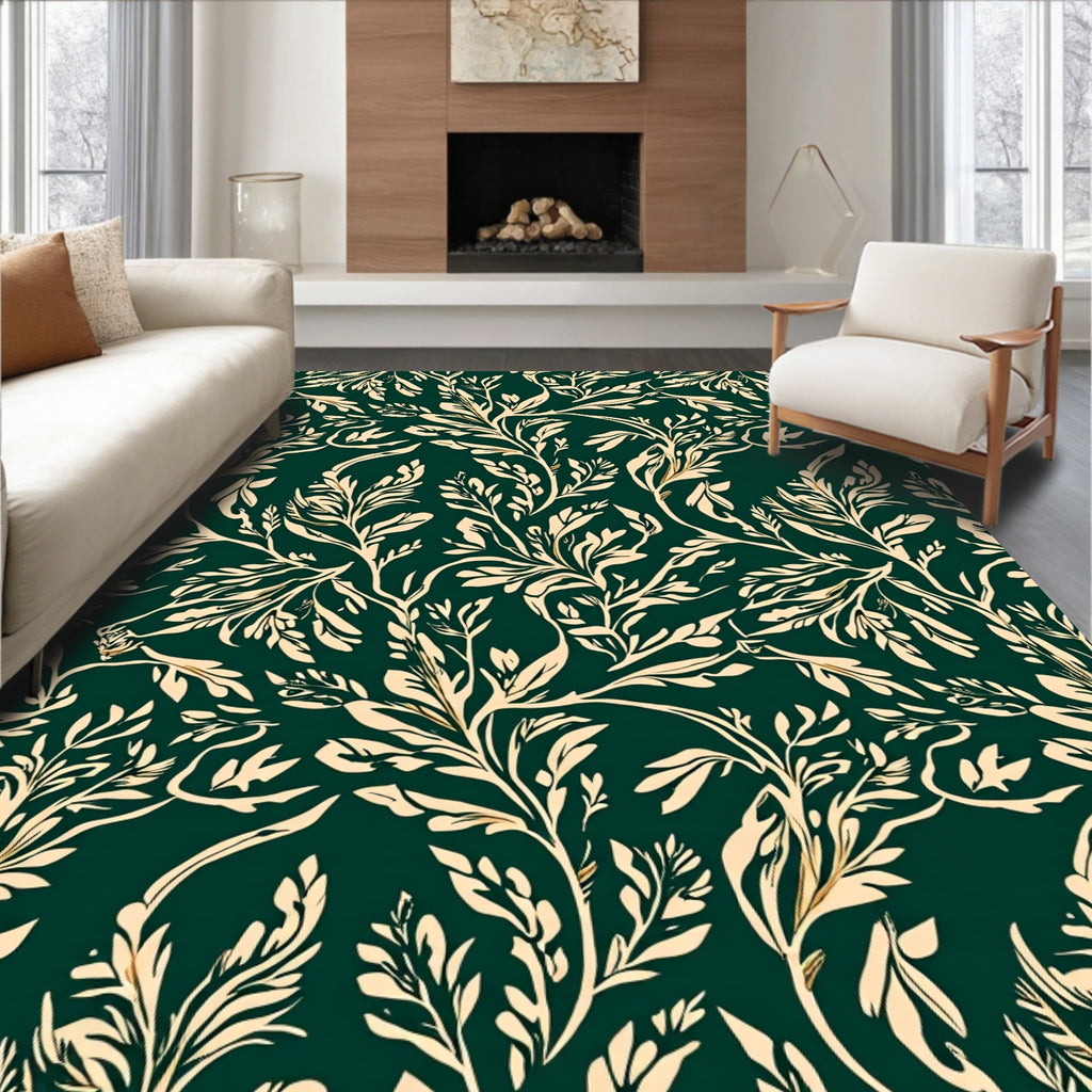 Elegant Cream Green Botanical Pattern Rug