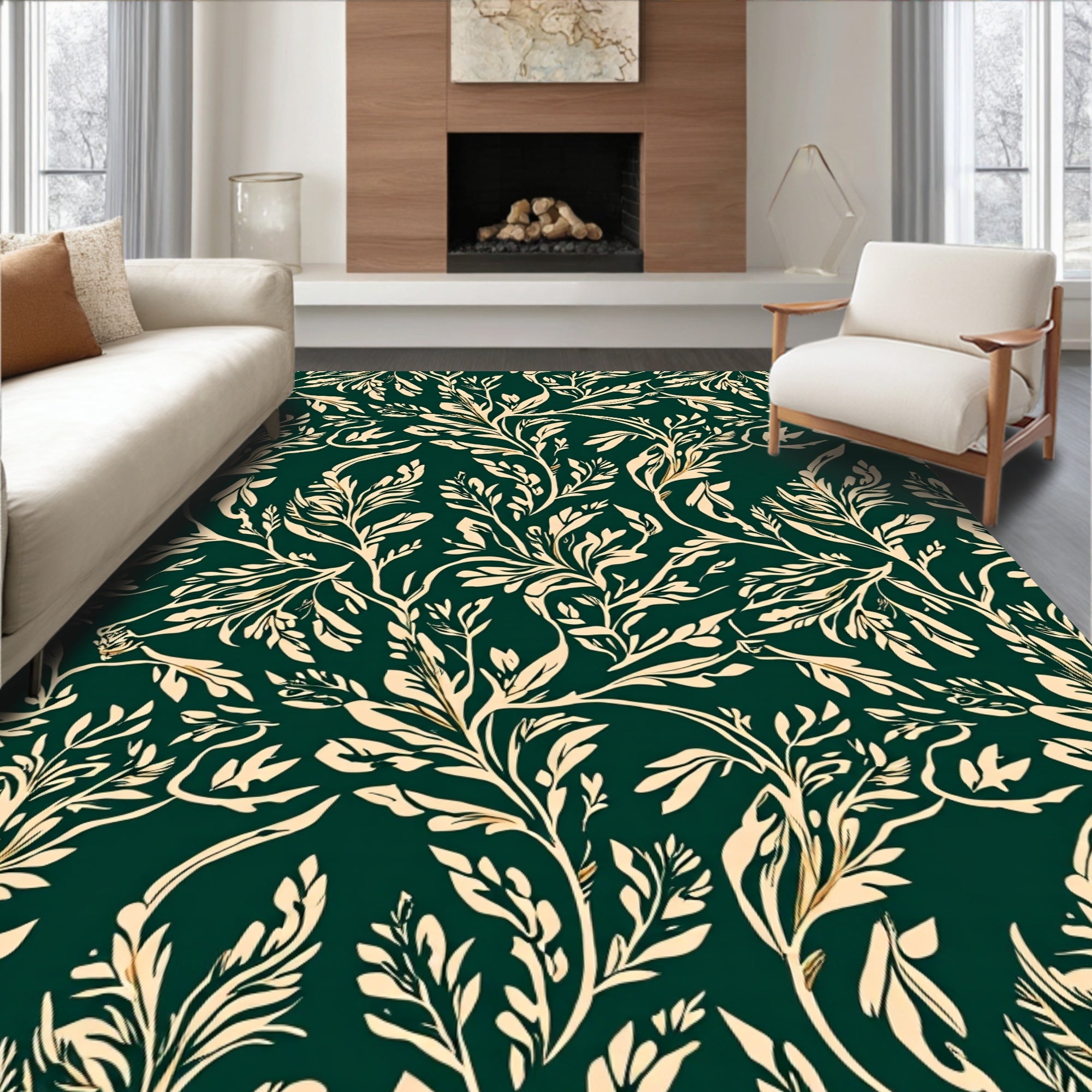 Elegant Cream Green Botanical Pattern Rug