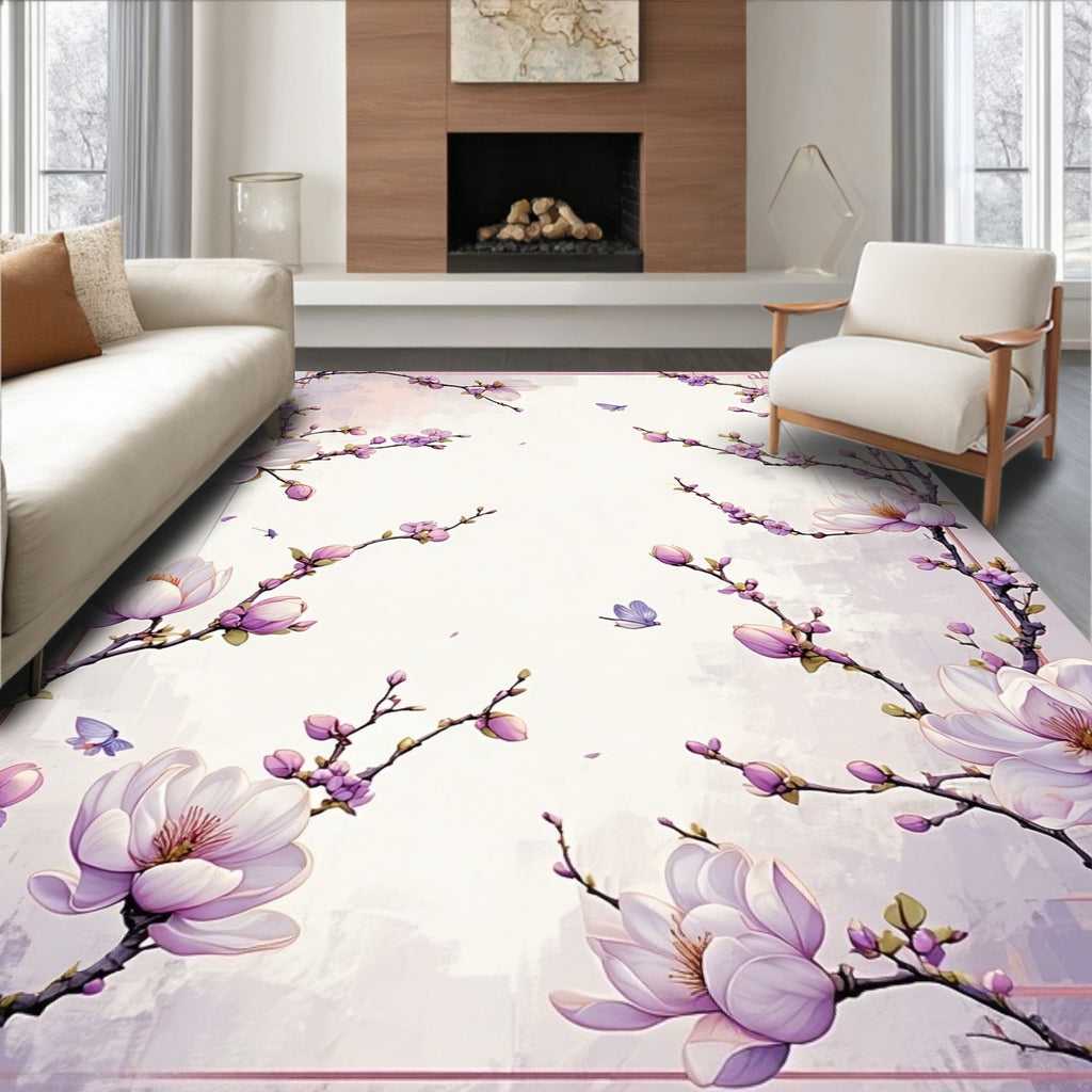 Delicate Floral Butterfly Meadow Pattern Rug