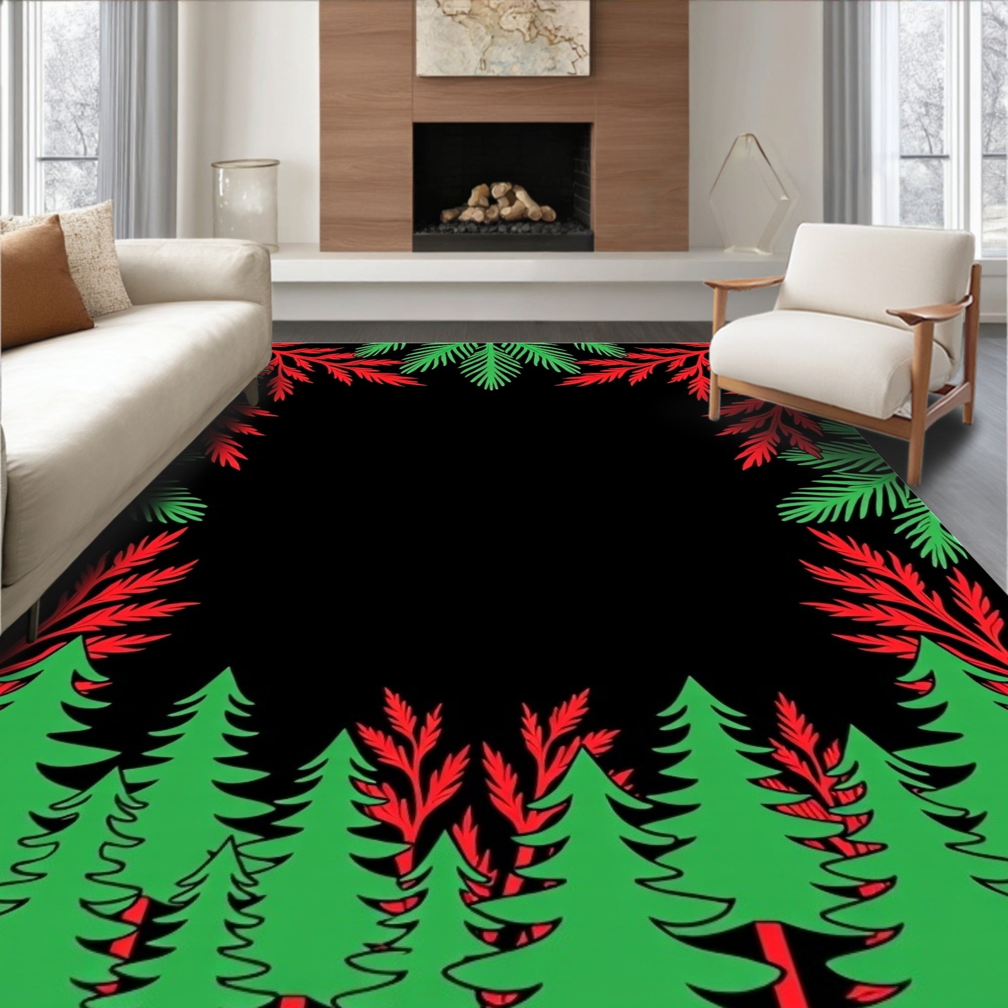 Festive evergreen forest border Rug