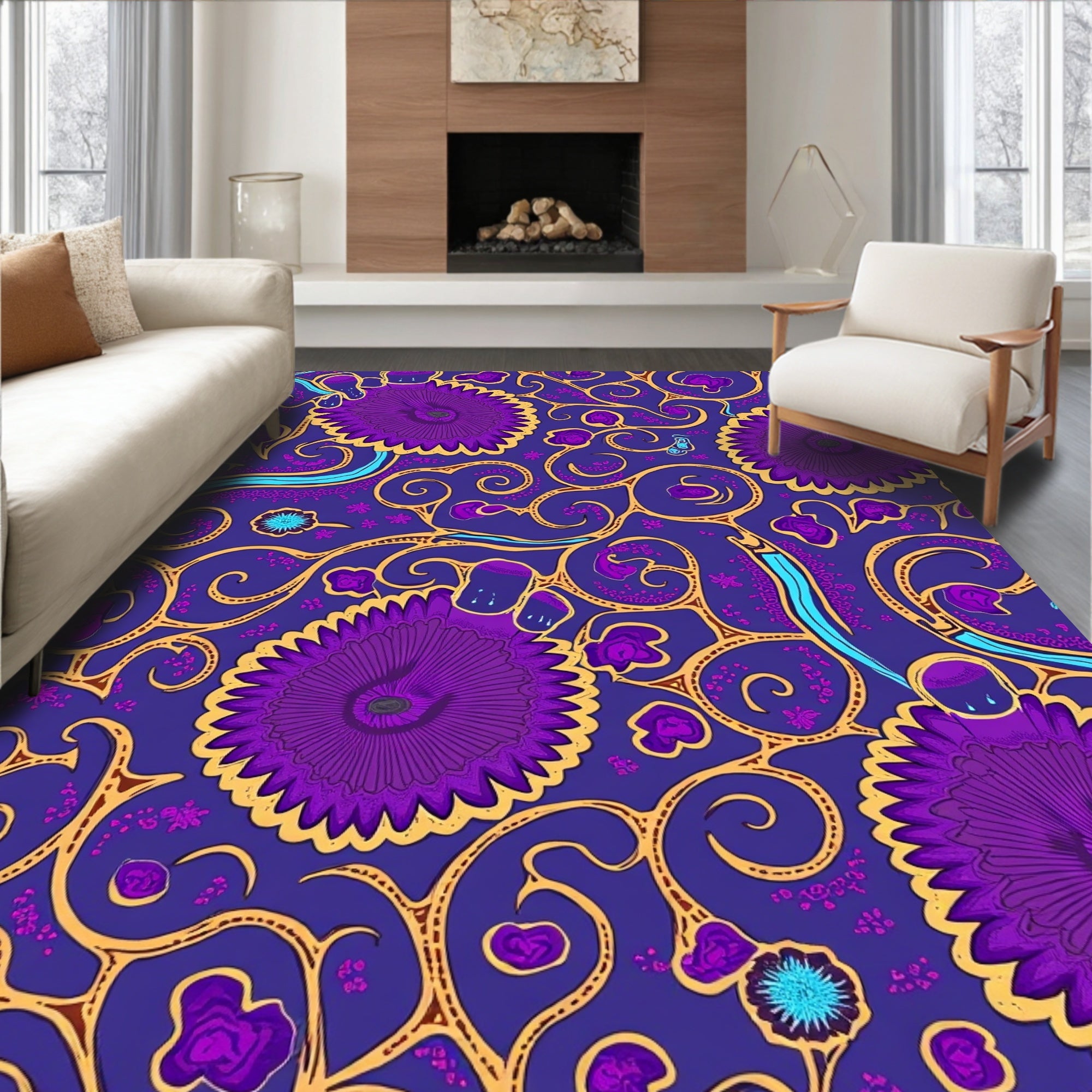 Bold Purple Floral Swirl Design Rug