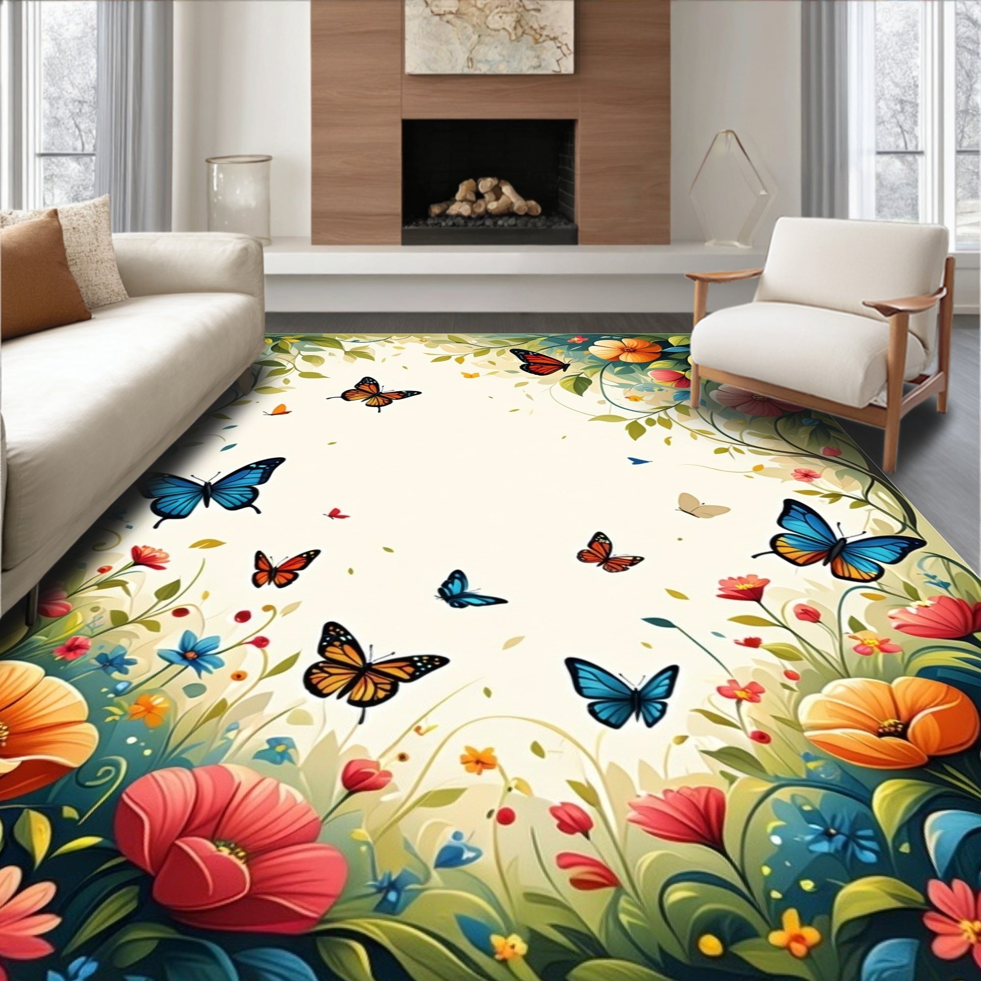 Vibrant Butterflies Flowers Whimsical Meadow Rug