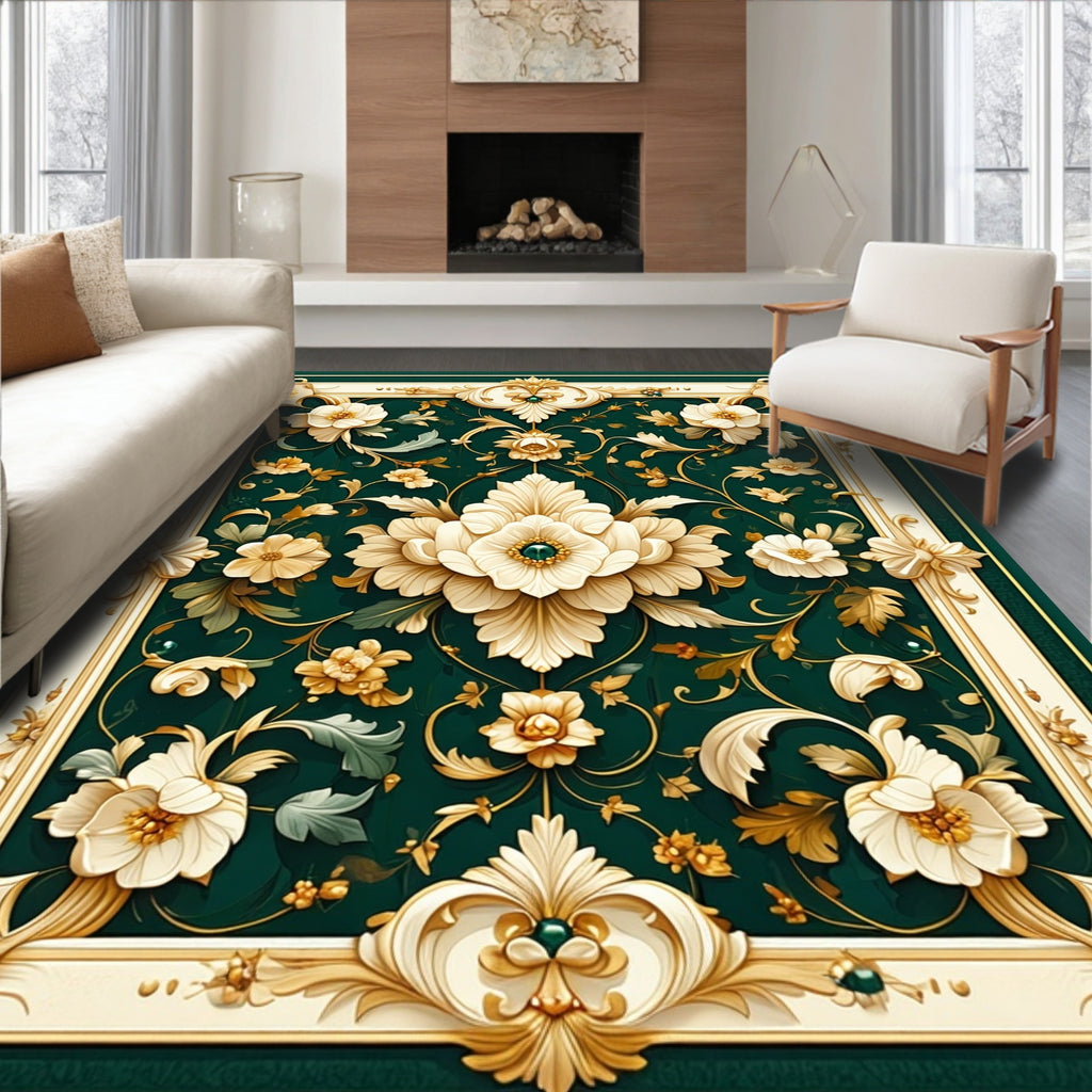 Elegant Floral Scrollwork Emerald Green Rug