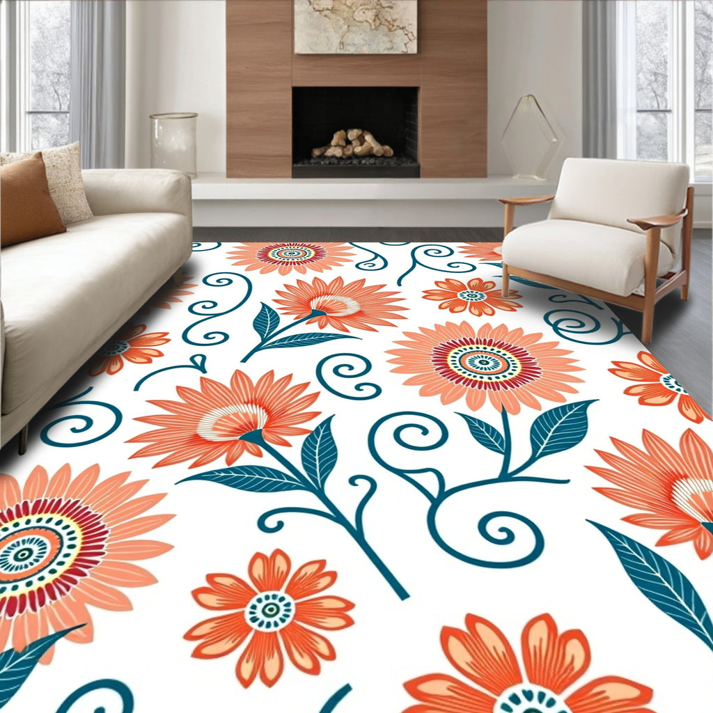 Orange Floral Swirl Pattern Design Rug