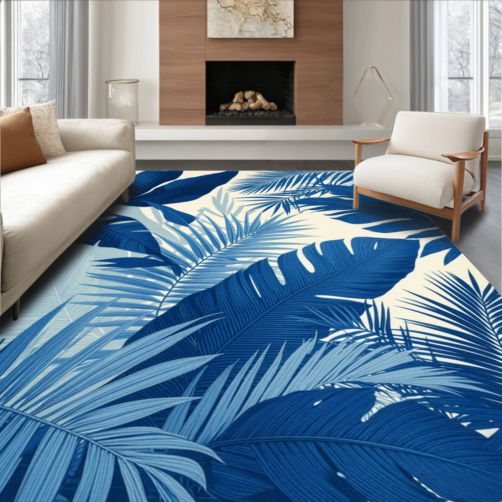 Tropical Leaf Patterned Indigo Design Rug