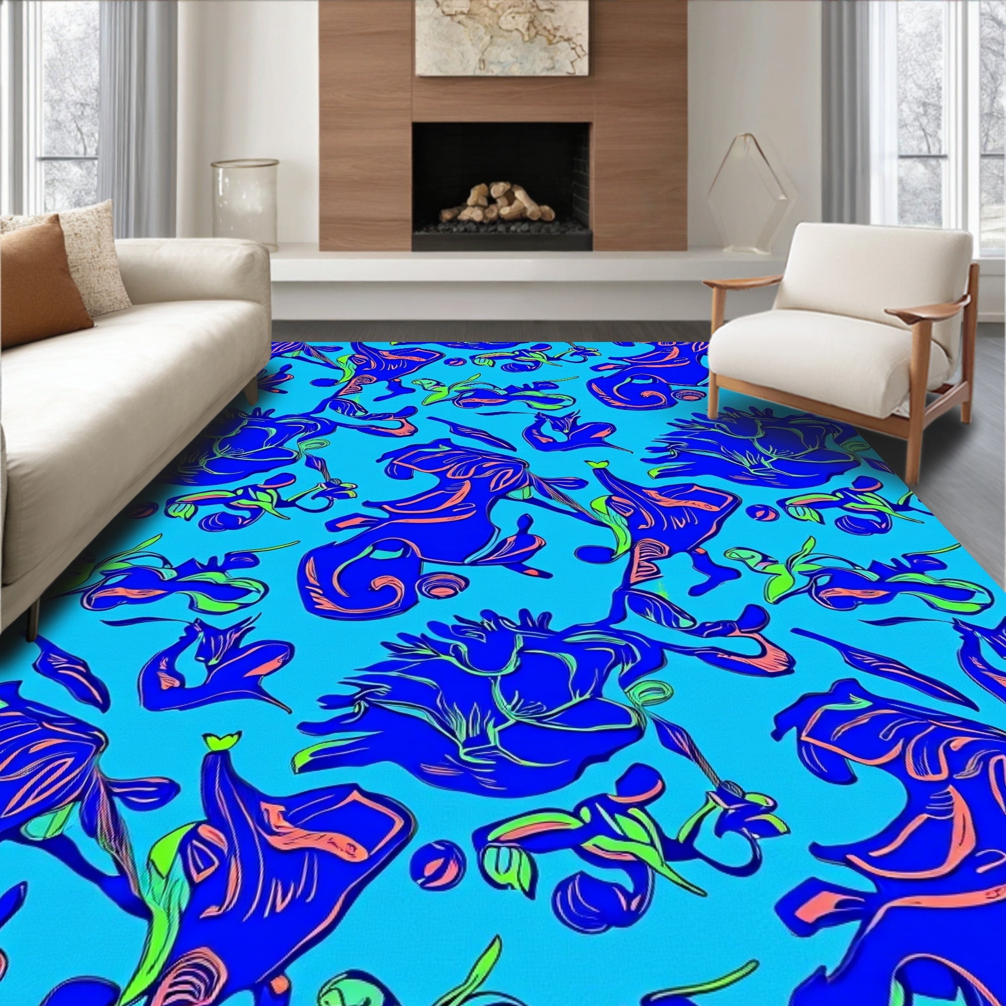 Abstract Blue Floral Swirls Line Art Rug