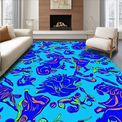 Abstract Blue Floral Swirls Line Art Rug