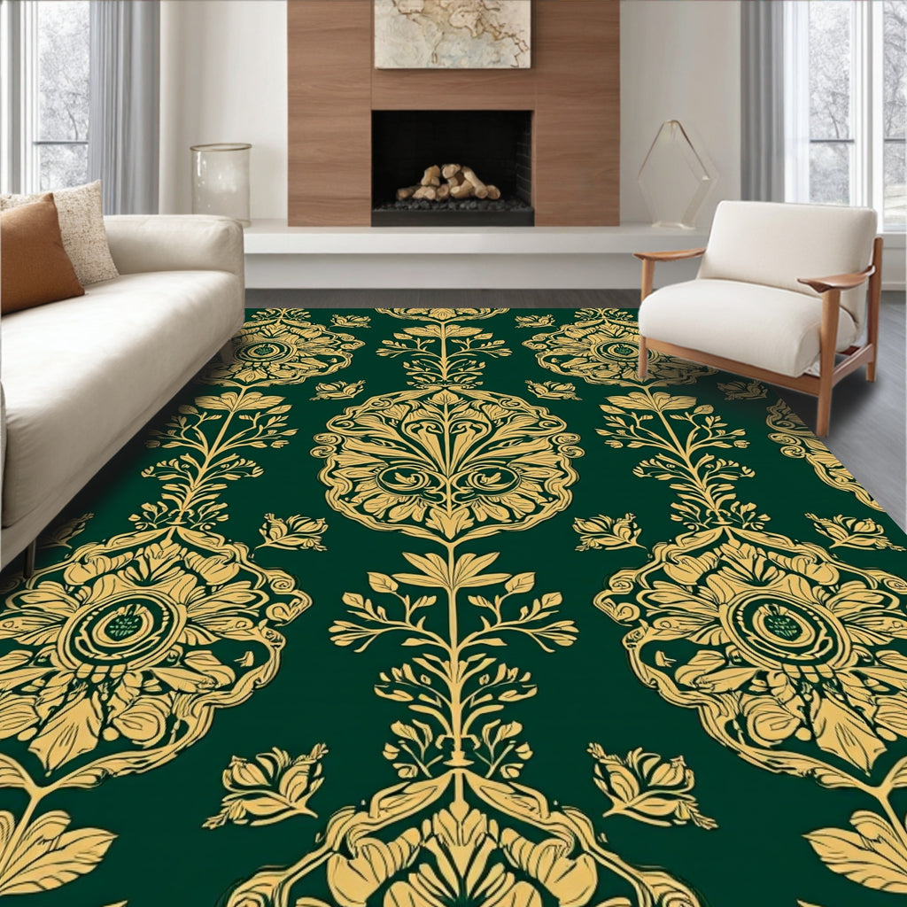 Emerald Gold Ornate Floral Pattern Rug
