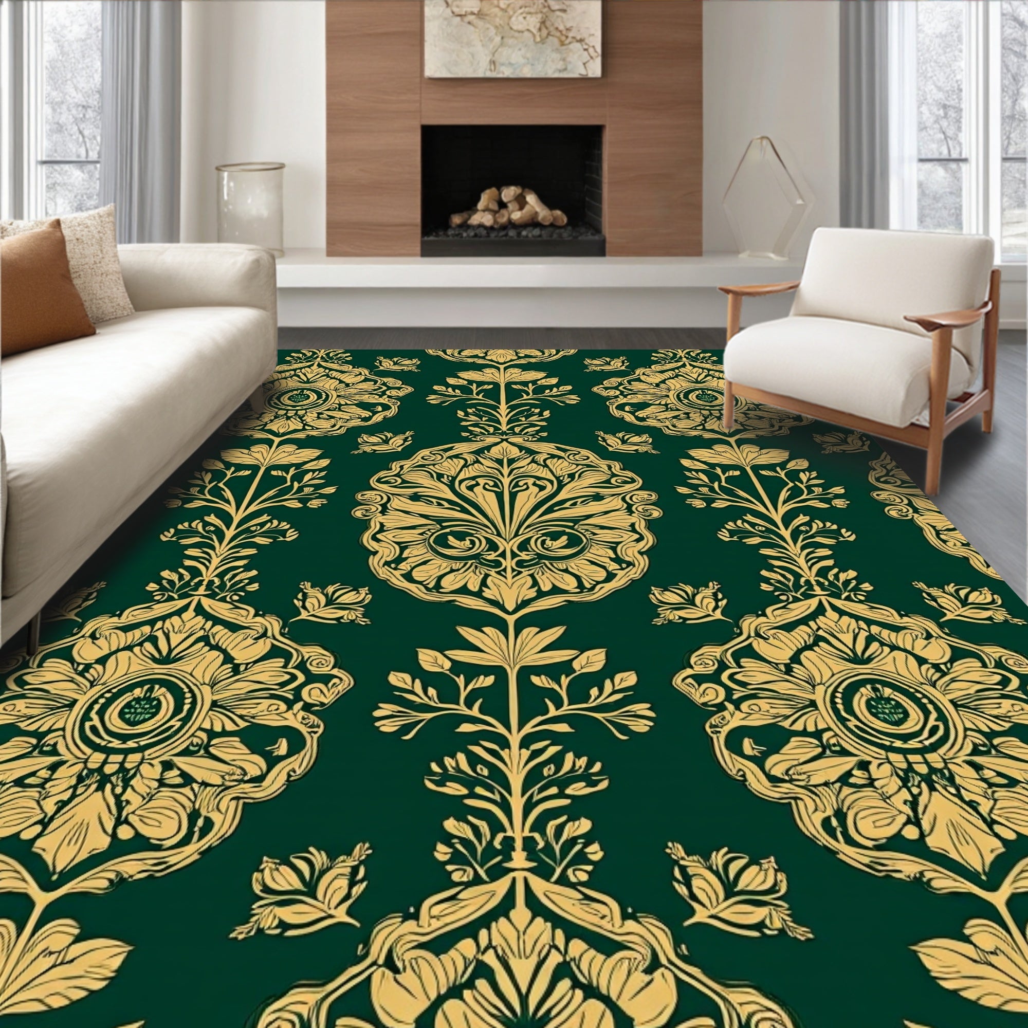 Emerald Gold Ornate Floral Pattern Rug