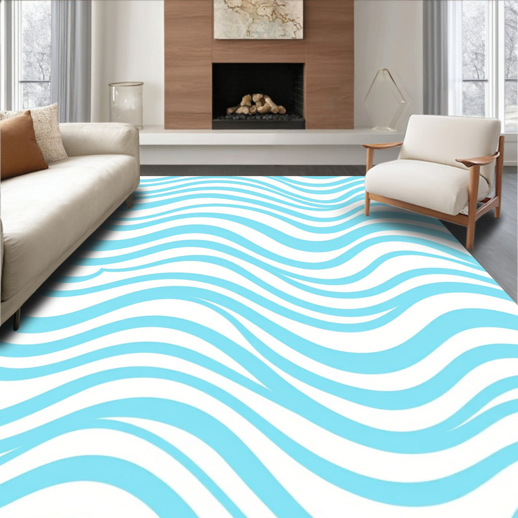 Aqua And White Wavy Stripe Design Rug