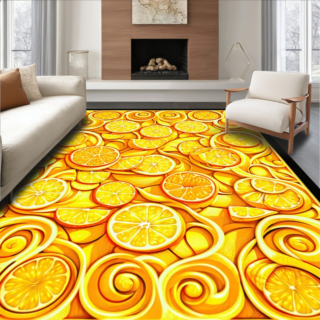 Sunny Yellow Citrus Swirl Design Rug
