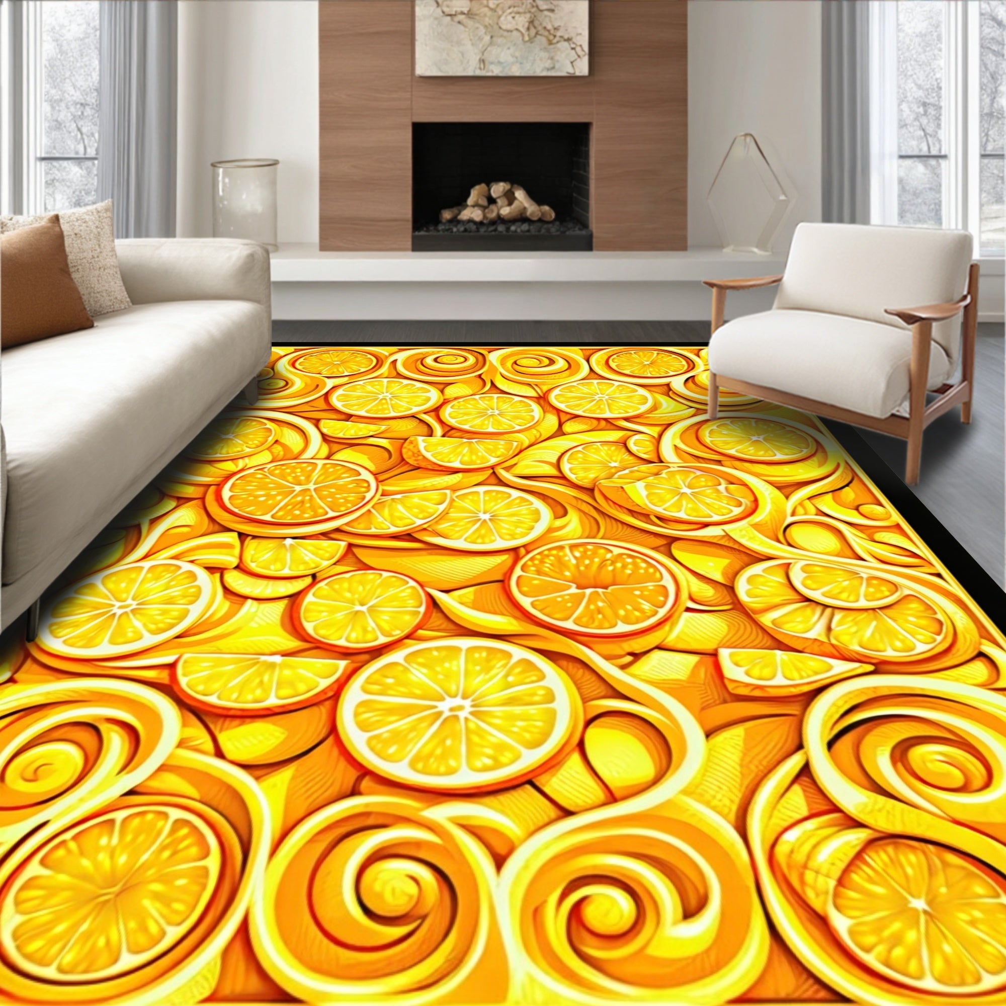 Sunny Yellow Citrus Swirl Design Rug