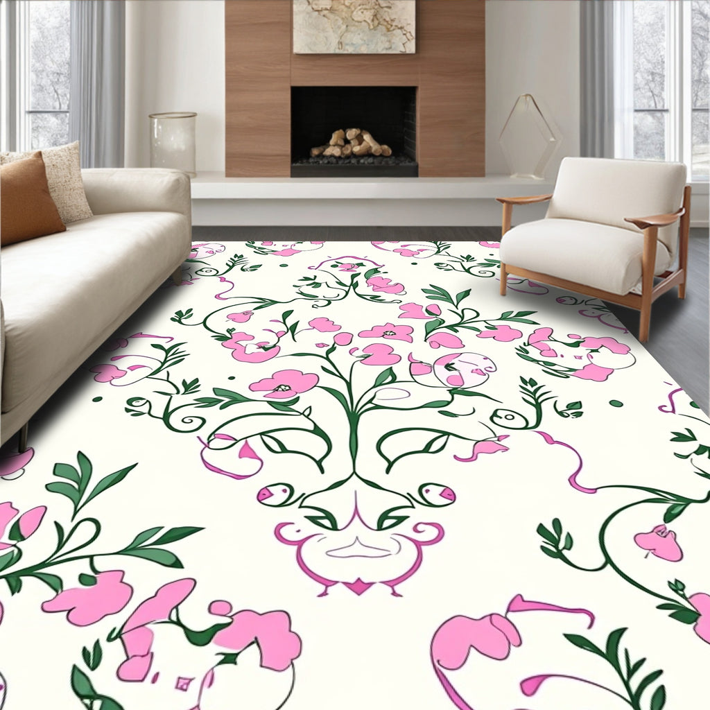 Pink Green Floral Damask Style Design Rug