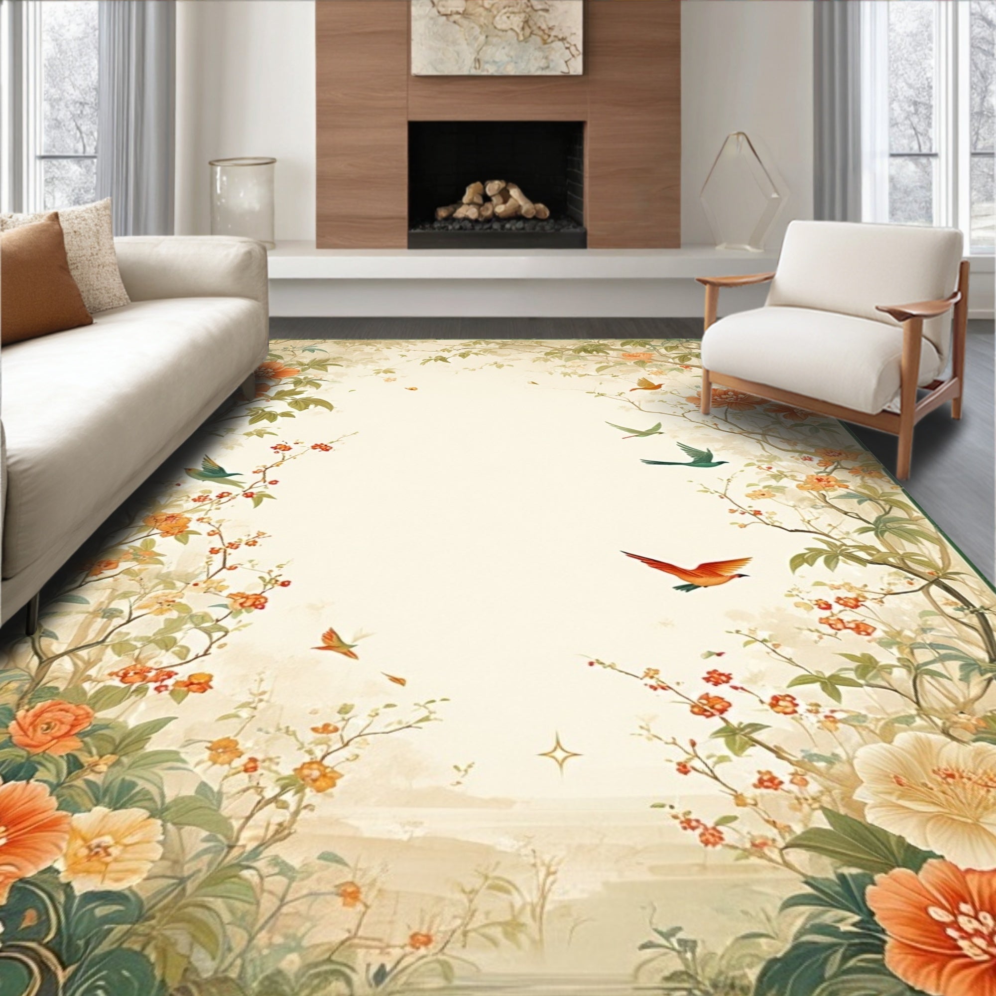 Whimsical Floral Birds Pattern Rug